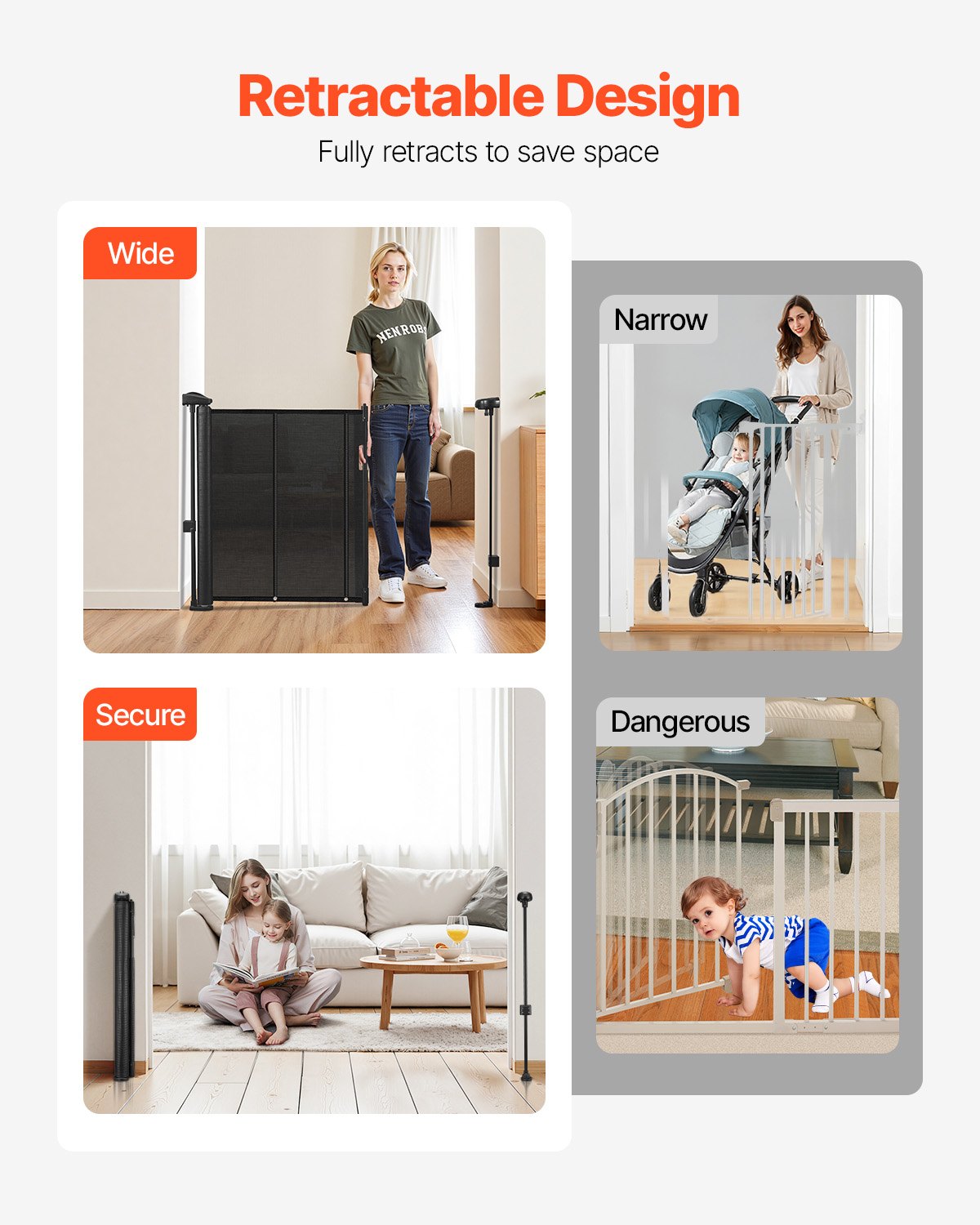 VEVOR Puerta Retráctil hasta 280 cm Alto de 87 cm Barrera de Seguridad Extensible Fácil de Instalar Panel de Malla Transpirable para Escaleras Interiores, Puertas, Pasillos, Salas de Juegos, Negro