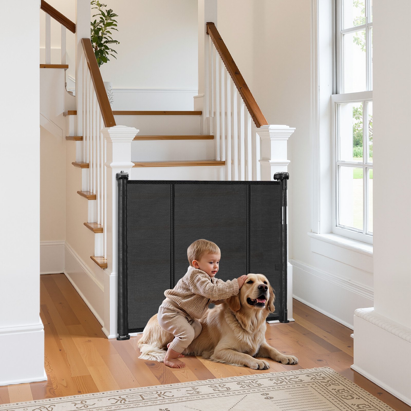 VEVOR Puerta Retráctil hasta 280 cm Alto de 87 cm Barrera de Seguridad Extensible Fácil de Instalar Panel de Malla Transpirable para Escaleras Interiores, Puertas, Pasillos, Salas de Juegos, Negro