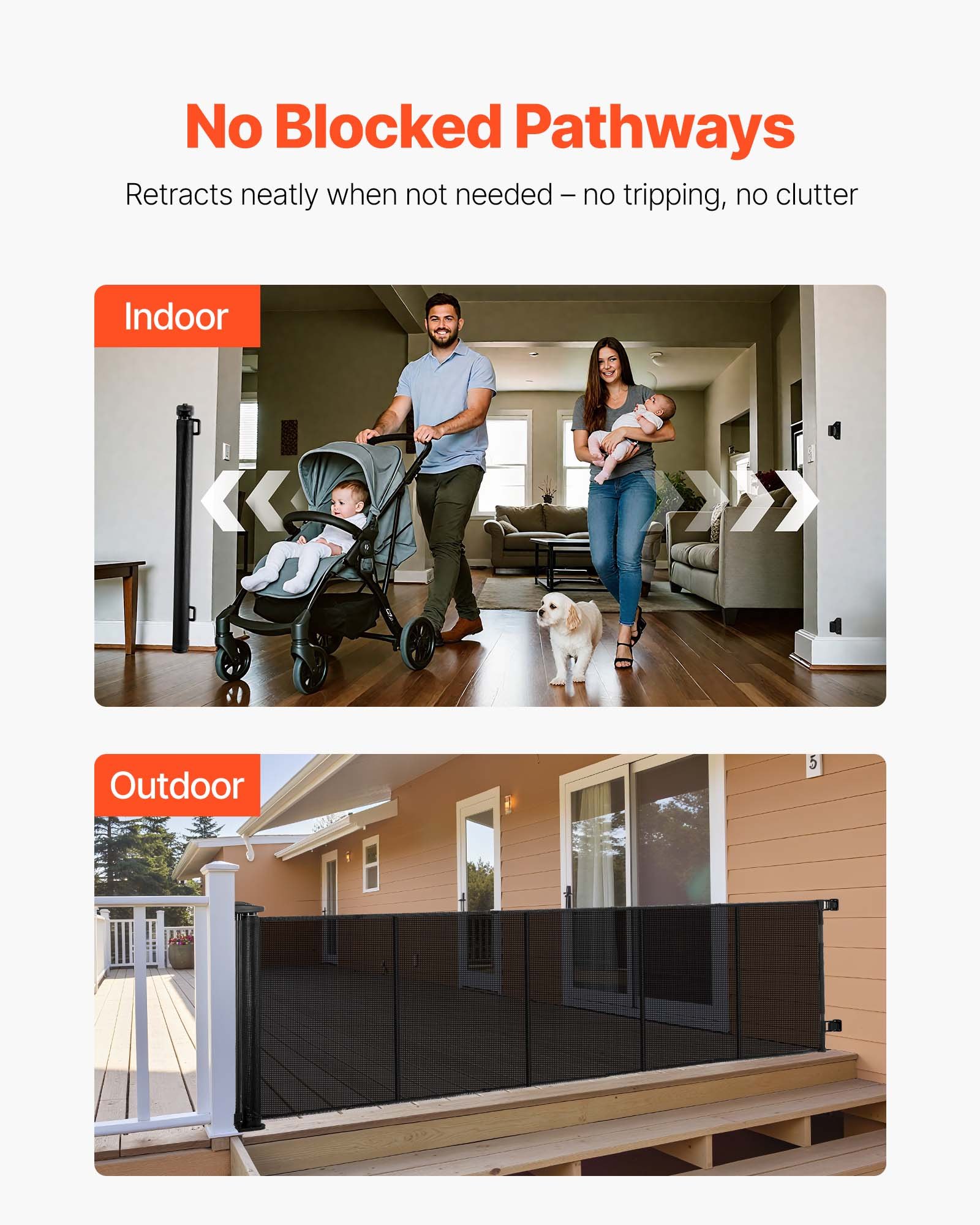 VEVOR Puerta Retráctil 3250x790 mm, Barrera de Seguridad para Perros, Puerta de Malla Transpirable Permite el Paso sin Tropiezos, para Escaleras Interiores, Puertas, Pasillos, Salas de Juegos, Negro