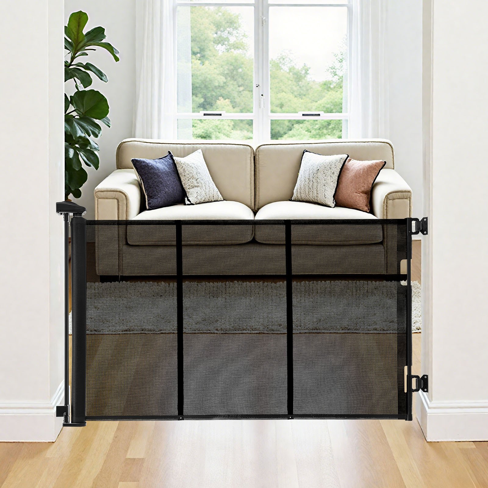 VEVOR Puerta Retráctil 3250x790 mm, Barrera de Seguridad para Perros, Puerta de Malla Transpirable Permite el Paso sin Tropiezos, para Escaleras Interiores, Puertas, Pasillos, Salas de Juegos, Negro