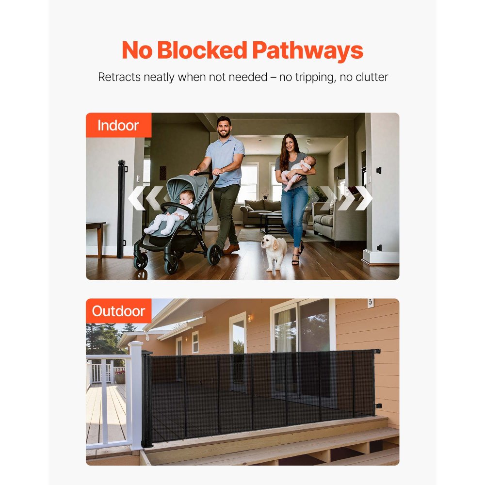 VEVOR Puerta Retráctil 325 x 105,5 cm, Valla de Seguridad para Perros, Panel de Malla Transpirable con Tiras de Fibra de Vidrio para Escaleras Interiores, Puertas, Pasillos, Salas de Juegos, Negro