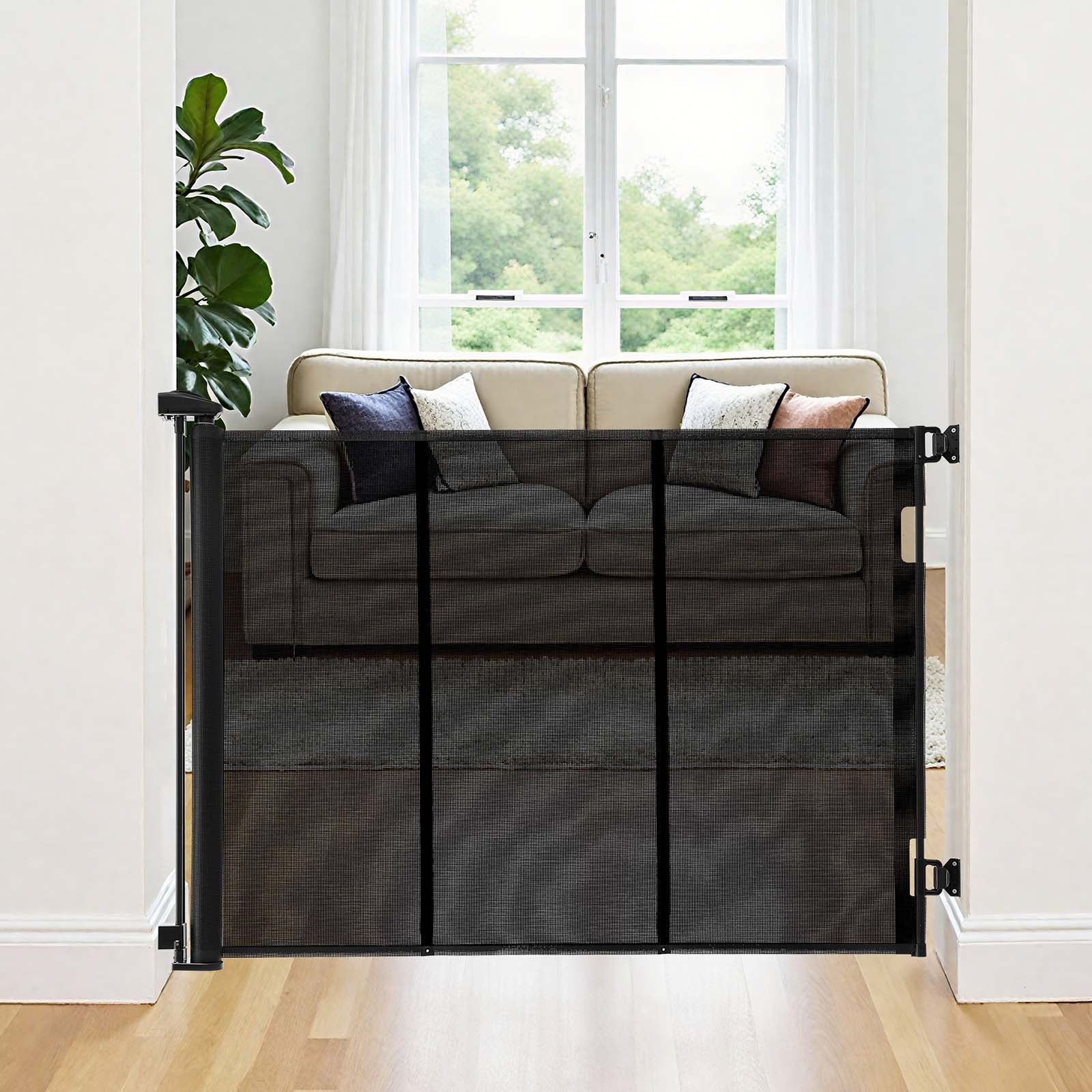 VEVOR Puerta Retráctil 325 x 105,5 cm, Valla de Seguridad para Perros, Panel de Malla Transpirable con Tiras de Fibra de Vidrio para Escaleras Interiores, Puertas, Pasillos, Salas de Juegos, Negro
