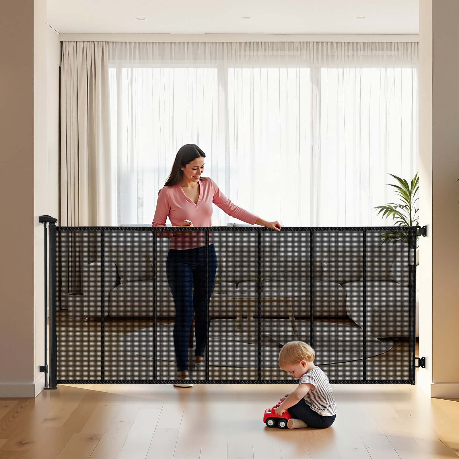 VEVOR Puerta Retráctil 325 x 105,5 cm, Valla de Seguridad para Perros, Panel de Malla Transpirable con Tiras de Fibra de Vidrio para Escaleras Interiores, Puertas, Pasillos, Salas de Juegos, Negro