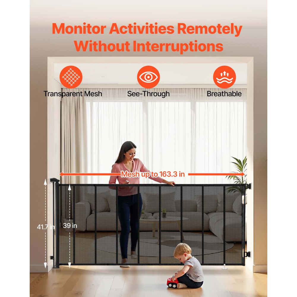 VEVOR Puerta Retráctil 430 x 106 cm, Valla de Seguridad para Perros, Panel de Malla Transpirable con Tiras de Fibra de Vidrio para Escaleras Interiores, Puertas, Pasillos, Salas de Juegos, Negro