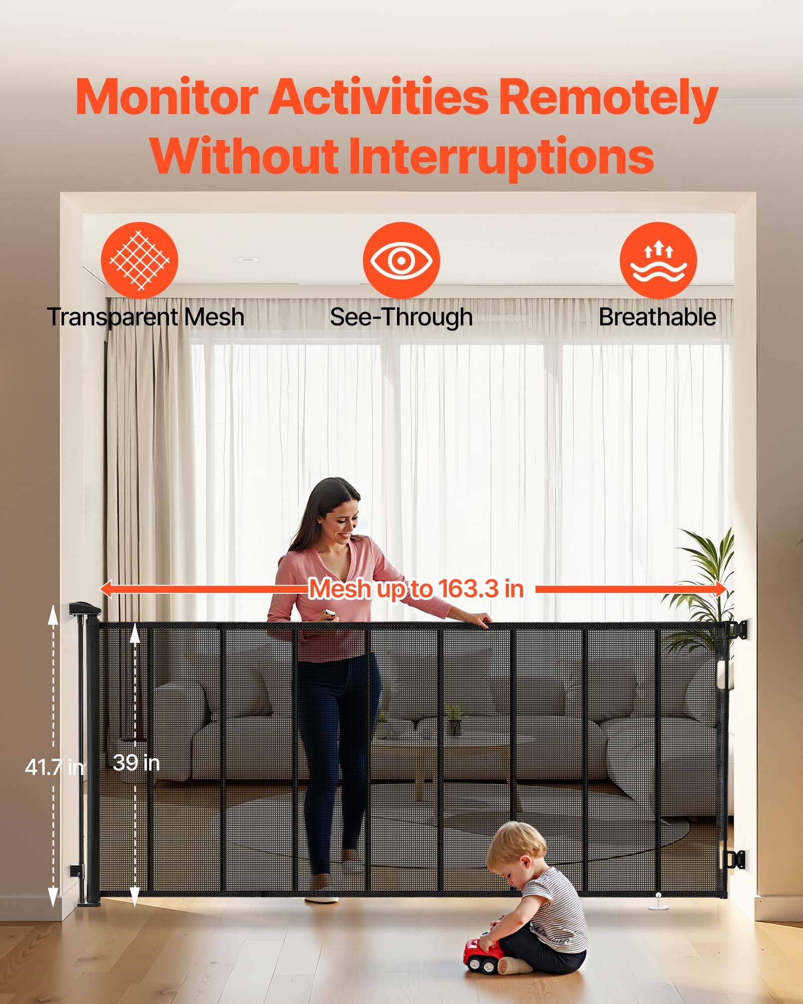 VEVOR Puerta Retráctil 430 x 106 cm, Valla de Seguridad para Perros, Panel de Malla Transpirable con Tiras de Fibra de Vidrio para Escaleras Interiores, Puertas, Pasillos, Salas de Juegos, Negro