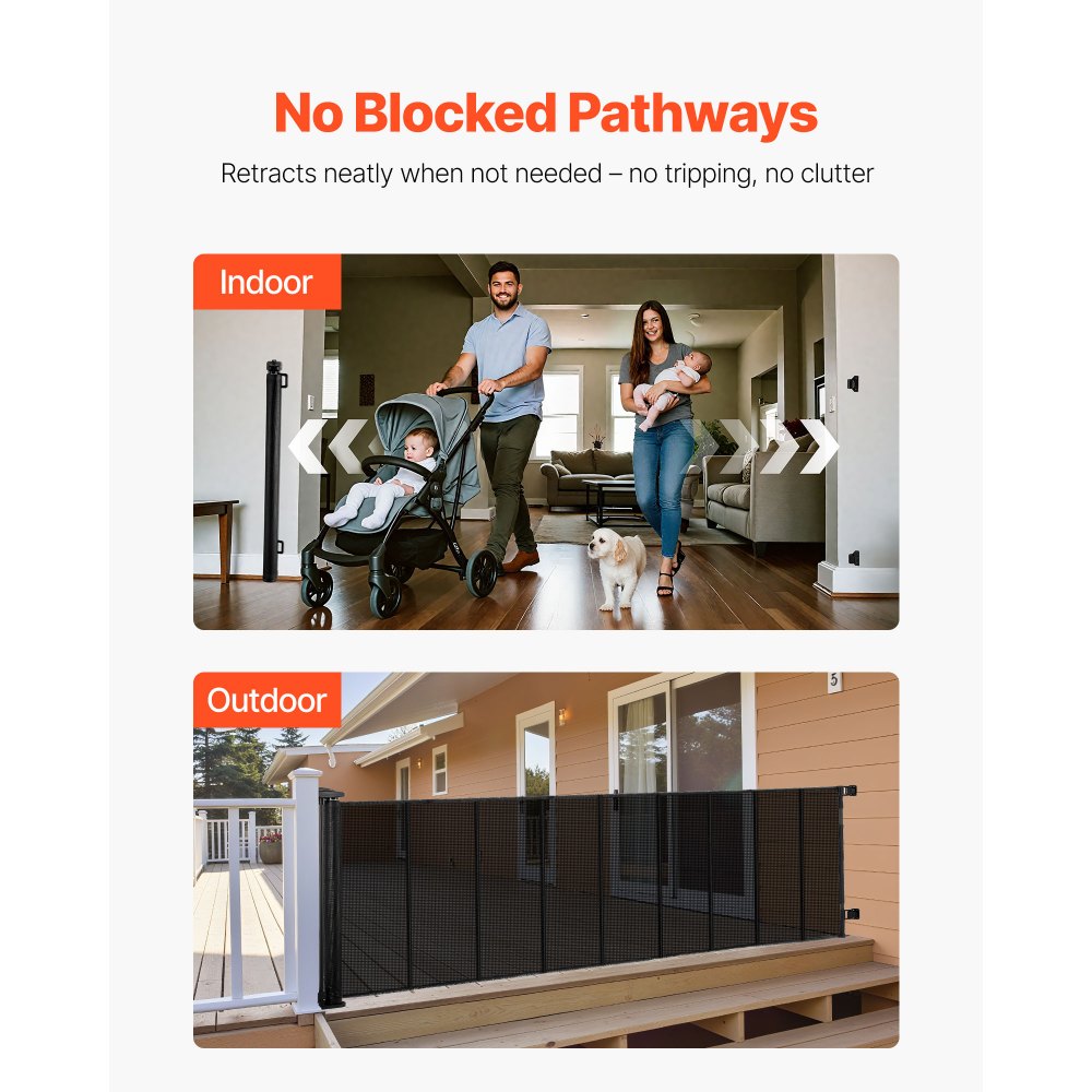 VEVOR Puerta Retráctil 530 x 106 cm, Valla de Seguridad para Perros, Panel de Malla Transpirable con Tiras de Fibra de Vidrio para Escaleras Interiores, Puertas, Pasillos, Salas de Juegos, Negro