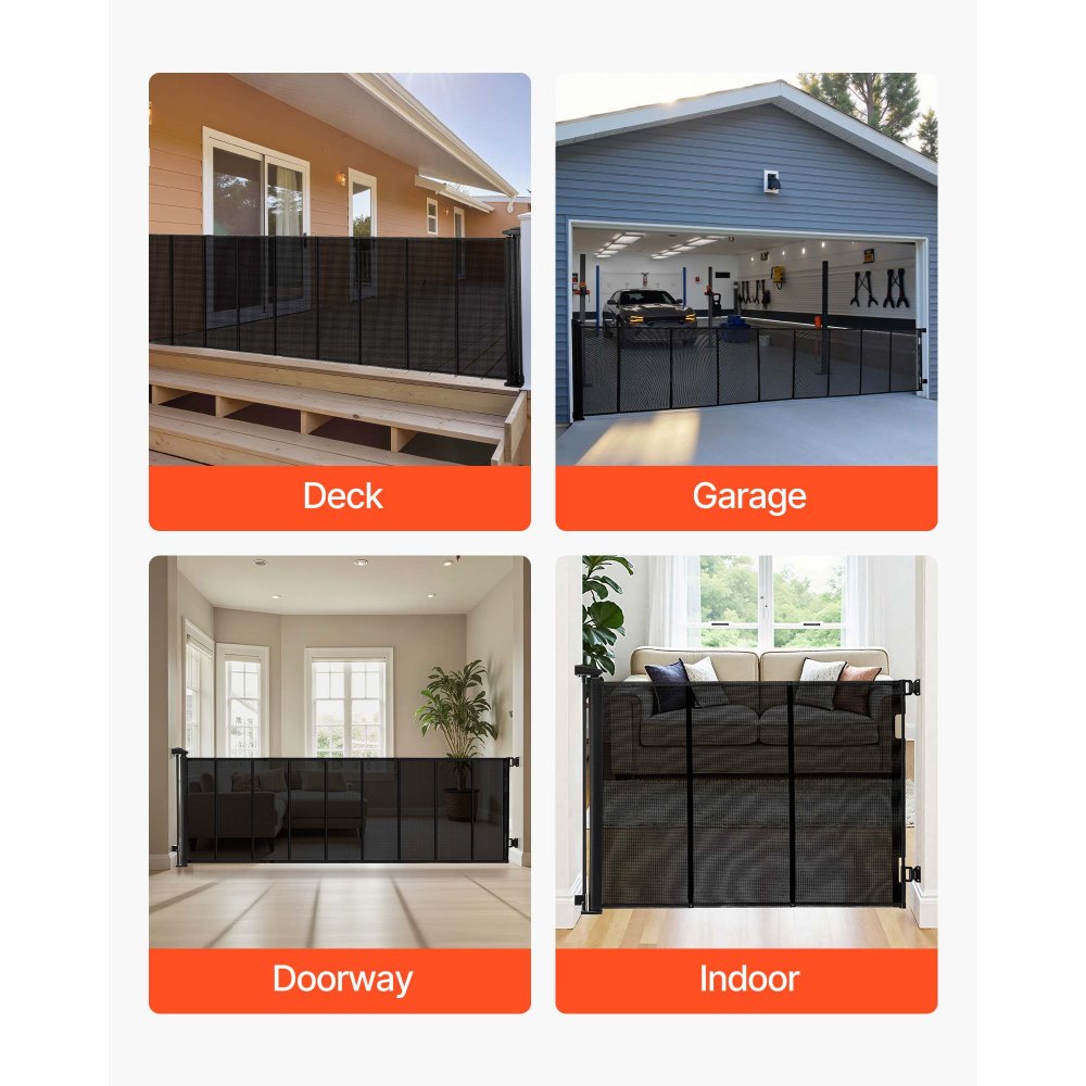 VEVOR Puerta Retráctil 530 x 106 cm, Valla de Seguridad para Perros, Panel de Malla Transpirable con Tiras de Fibra de Vidrio para Escaleras Interiores, Puertas, Pasillos, Salas de Juegos, Negro