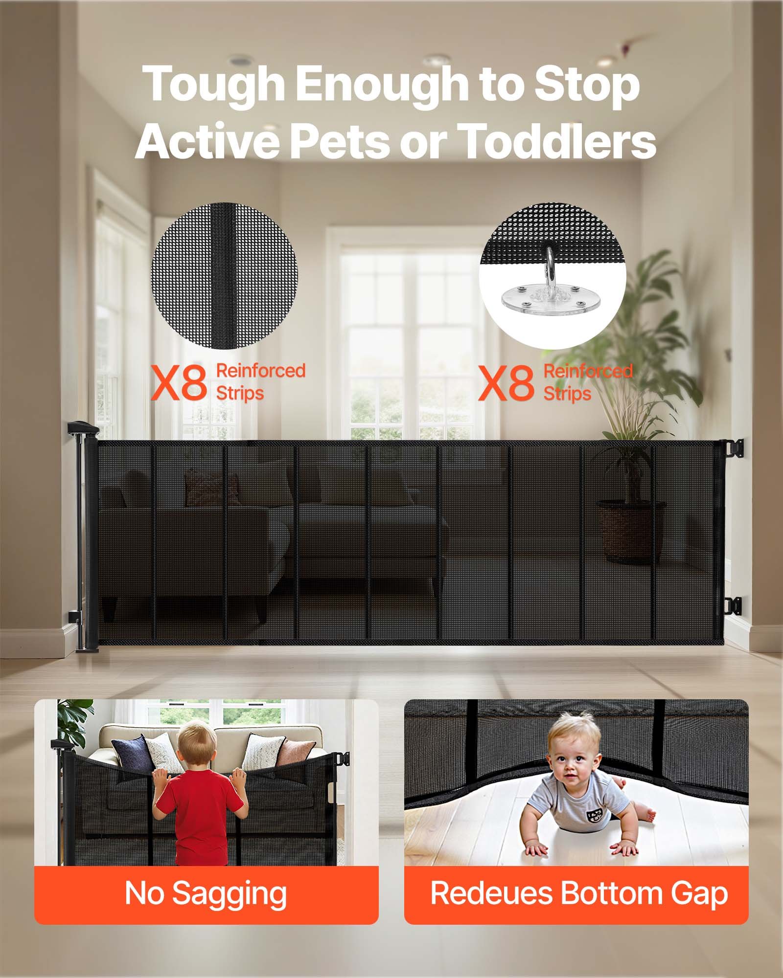 VEVOR Puerta Retráctil 530 x 106 cm, Valla de Seguridad para Perros, Panel de Malla Transpirable con Tiras de Fibra de Vidrio para Escaleras Interiores, Puertas, Pasillos, Salas de Juegos, Negro