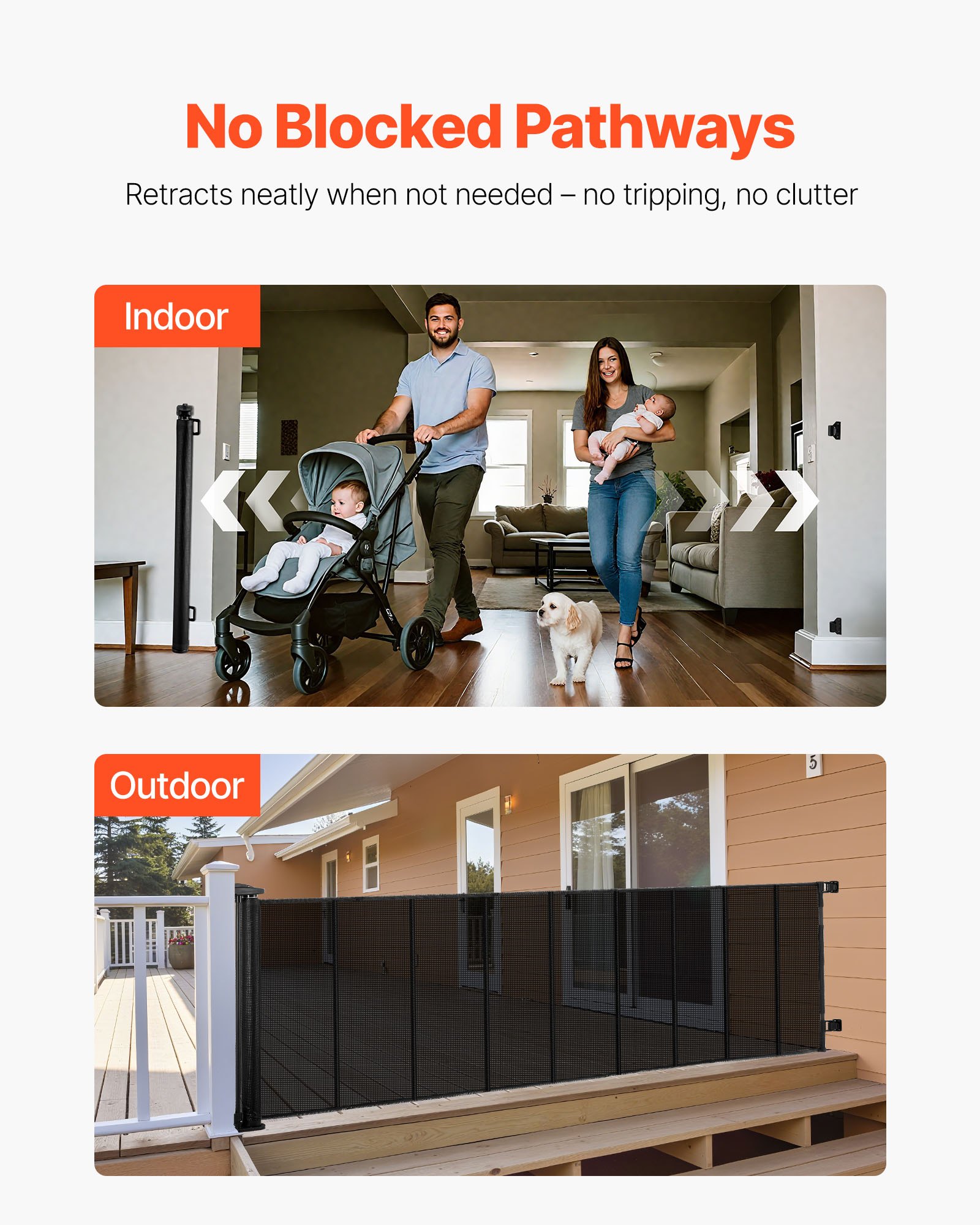 VEVOR Puerta Retráctil 530 x 106 cm, Valla de Seguridad para Perros, Panel de Malla Transpirable con Tiras de Fibra de Vidrio para Escaleras Interiores, Puertas, Pasillos, Salas de Juegos, Negro