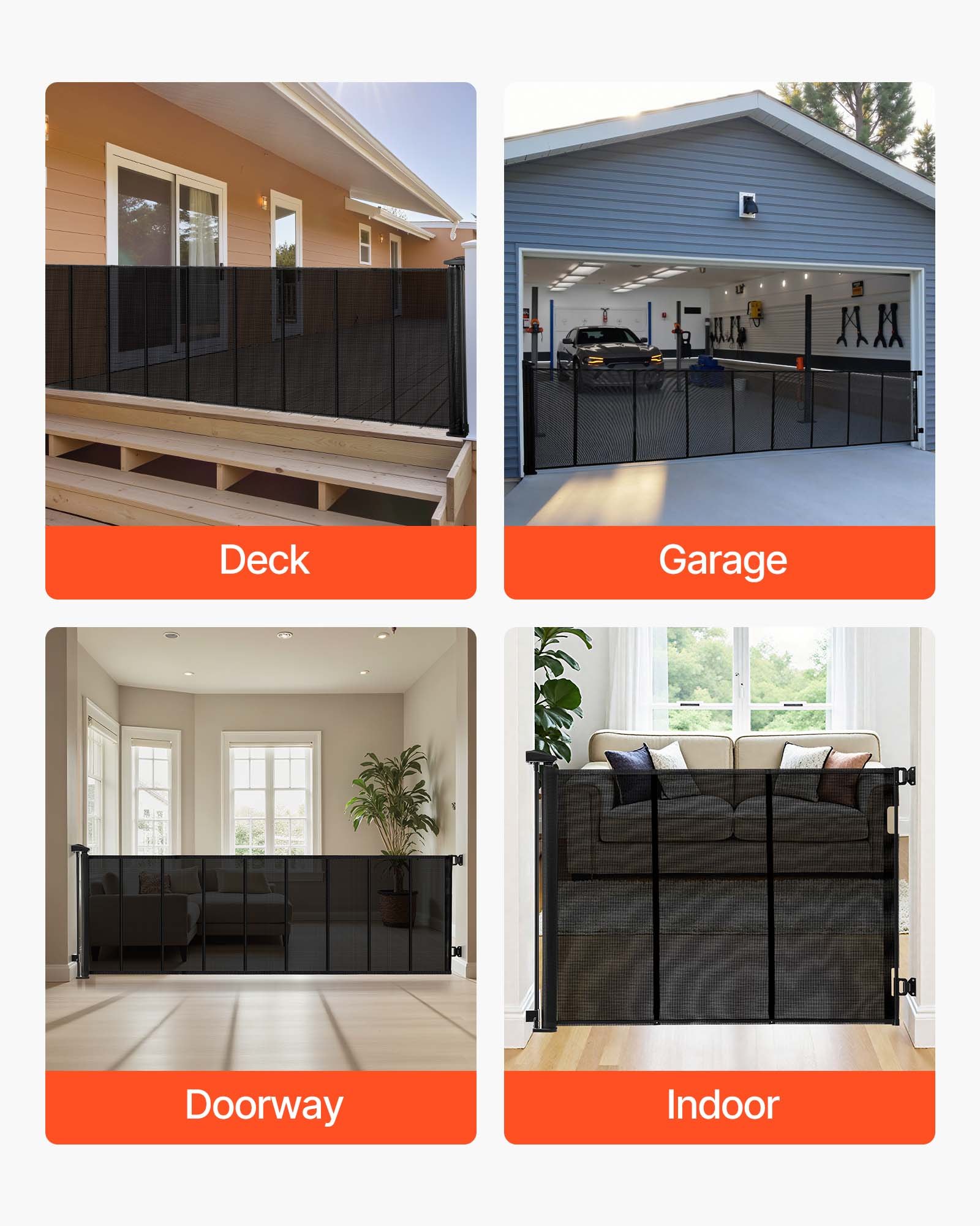 VEVOR Puerta Retráctil 530 x 106 cm, Valla de Seguridad para Perros, Panel de Malla Transpirable con Tiras de Fibra de Vidrio para Escaleras Interiores, Puertas, Pasillos, Salas de Juegos, Negro