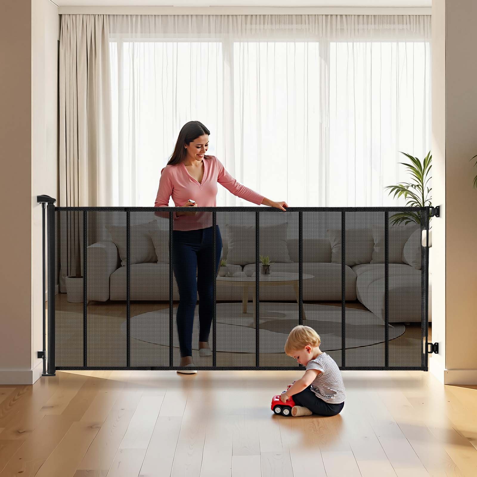 VEVOR Puerta Retráctil 530 x 106 cm, Valla de Seguridad para Perros, Panel de Malla Transpirable con Tiras de Fibra de Vidrio para Escaleras Interiores, Puertas, Pasillos, Salas de Juegos, Negro