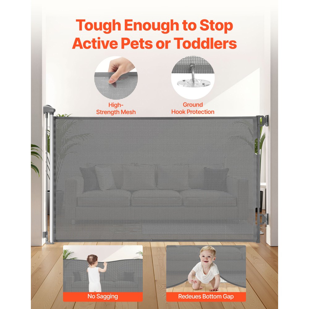 VEVOR Retractable Baby Gate, Extends to 1450 mm Wide, 980 mm Tall, with Security Lock, Easy to Use, Walk Through Without Tripping, Mesh Dog Gate for Stairs, Hallways, Indoor/Outdoor, Gray