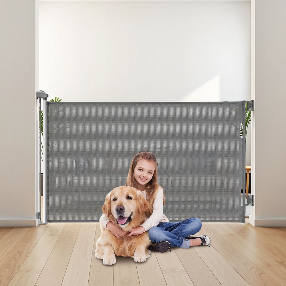 VEVOR Retractable Baby Gate, Extends to 1450 mm Wide, 980 mm Tall, with Security Lock, Easy to Use, Walk Through Without Tripping, Mesh Dog Gate for Stairs, Hallways, Indoor/Outdoor, Gray