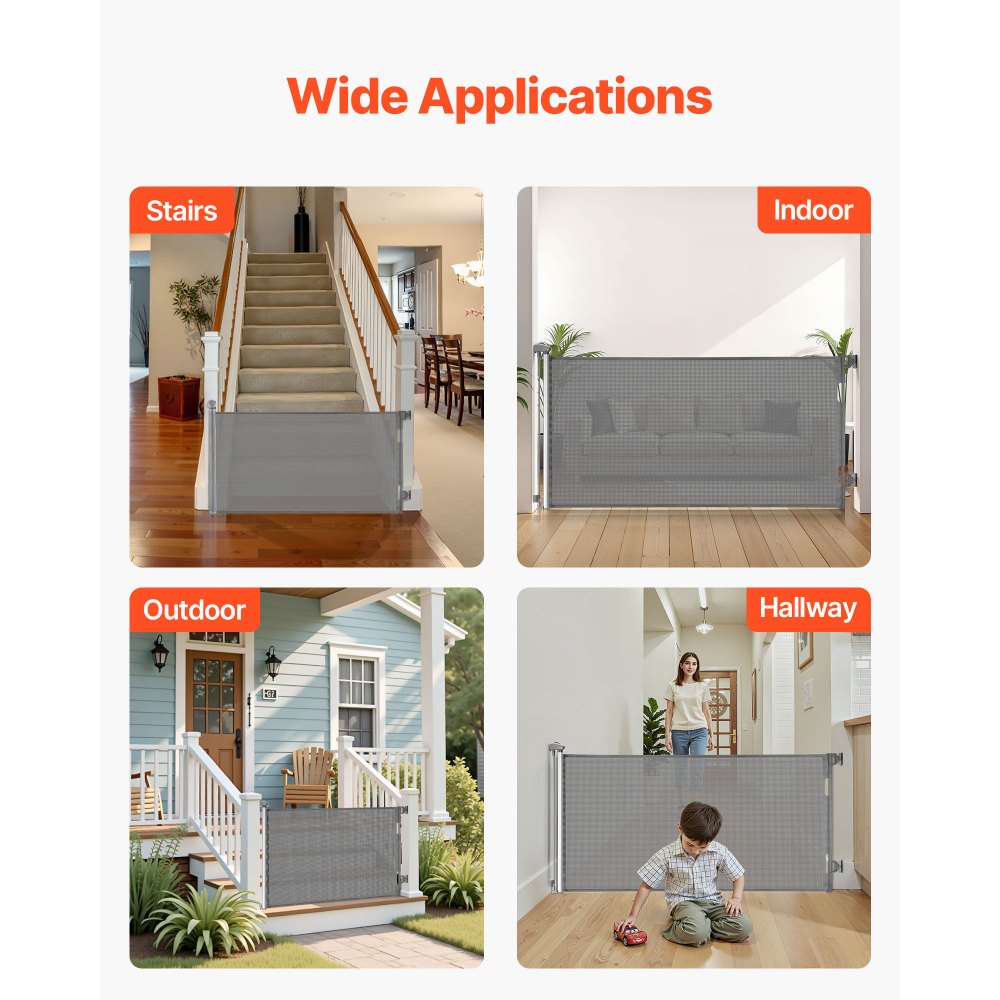 VEVOR Puerta Retráctil 158 x 87 cm, Barrera de Seguridad para Perros con Cierre, Puerta de Malla Permite el Paso sin Tropiezos, para Escaleras Interiores, Puertas, Pasillos, Salas de Juegos, Gris