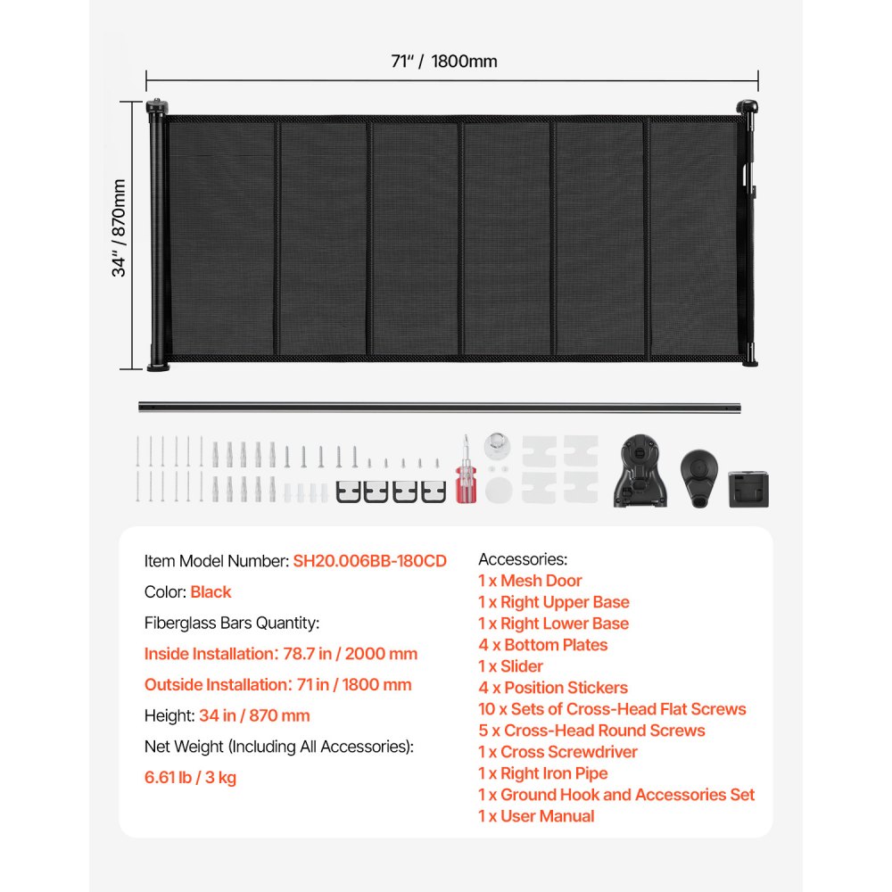 VEVOR Puerta Retráctil hasta 180 cm Alto de 87 cm Barrera de Seguridad Extensible Fácil de Instalar Panel de Malla Transpirable para Escaleras Interiores, Puertas, Pasillos, Salas de Juegos, Negro