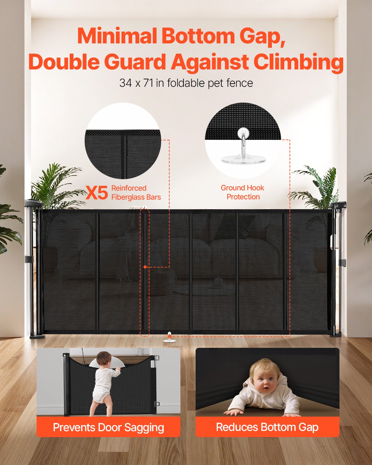 VEVOR Puerta Retráctil hasta 180 cm Alto de 87 cm Barrera de Seguridad Extensible Fácil de Instalar Panel de Malla Transpirable para Escaleras Interiores, Puertas, Pasillos, Salas de Juegos, Negro