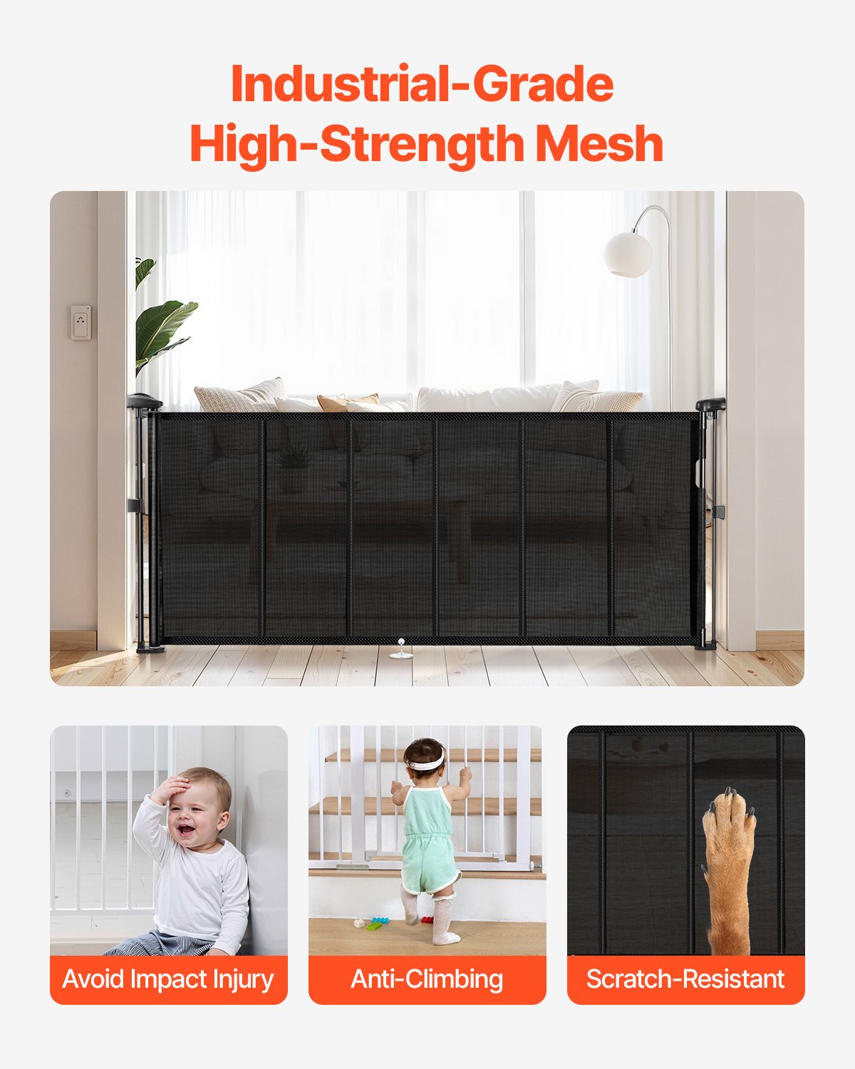 VEVOR Puerta Retráctil hasta 180 cm Alto de 87 cm Barrera de Seguridad Extensible Fácil de Instalar Panel de Malla Transpirable para Escaleras Interiores, Puertas, Pasillos, Salas de Juegos, Negro