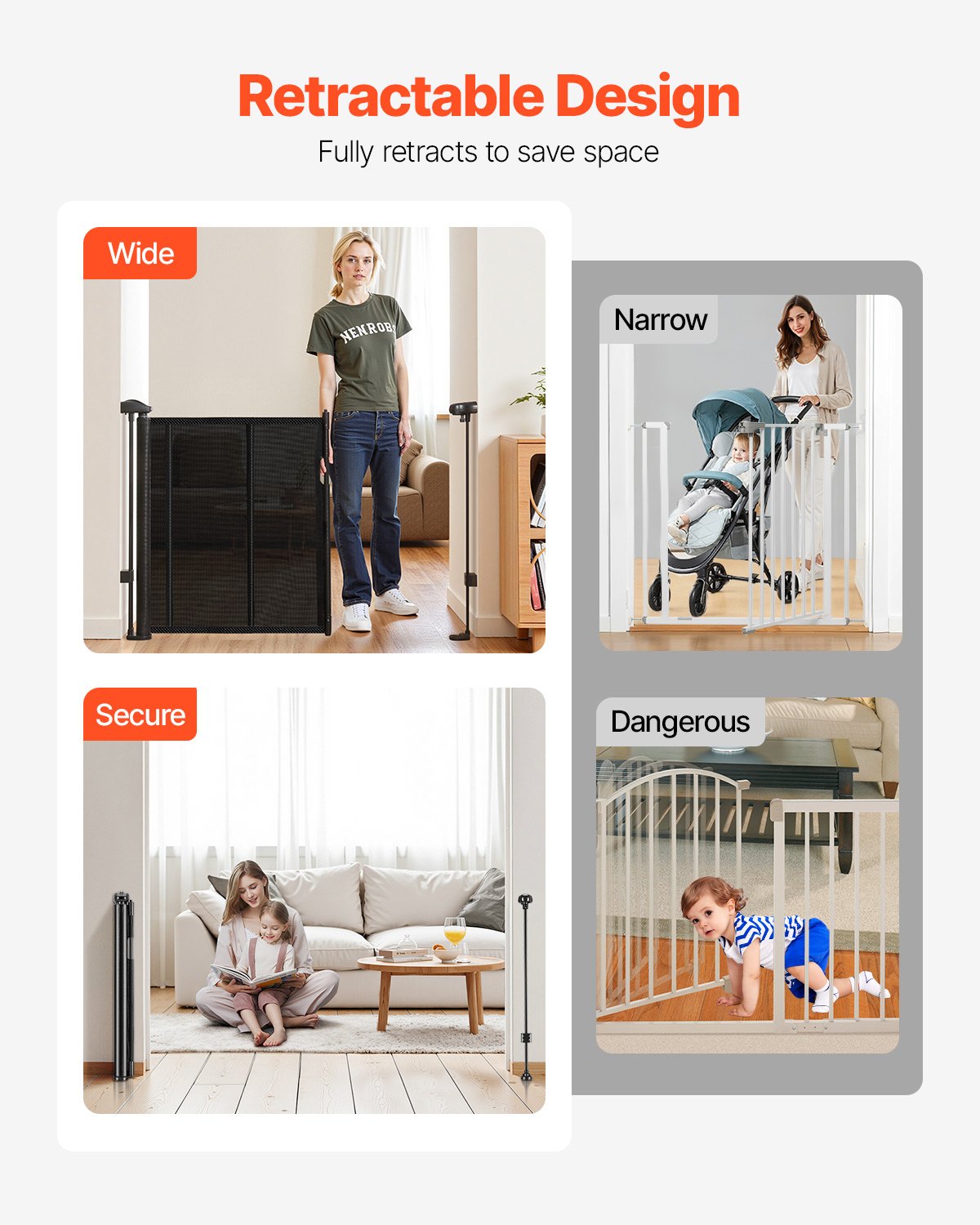 VEVOR Puerta Retráctil hasta 180 cm Alto de 87 cm Barrera de Seguridad Extensible Fácil de Instalar Panel de Malla Transpirable para Escaleras Interiores, Puertas, Pasillos, Salas de Juegos, Negro
