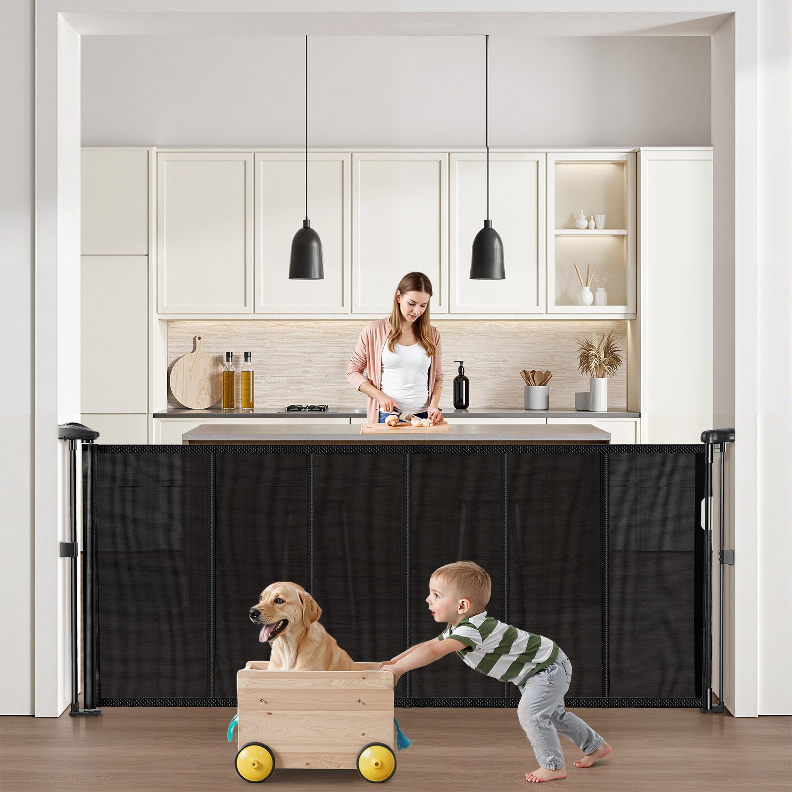VEVOR Puerta Retráctil hasta 180 cm Alto de 87 cm Barrera de Seguridad Extensible Fácil de Instalar Panel de Malla Transpirable para Escaleras Interiores, Puertas, Pasillos, Salas de Juegos, Negro