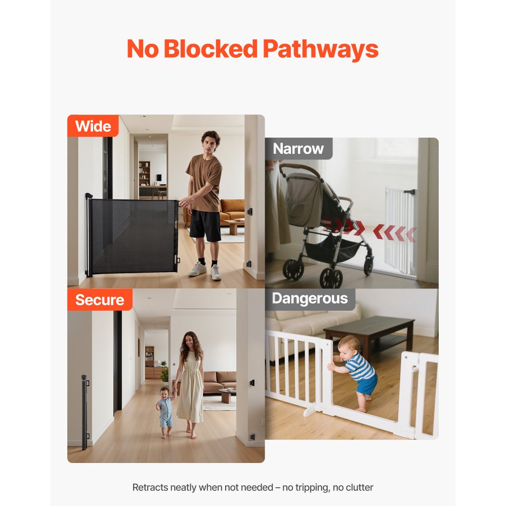 VEVOR Puerta Retráctil 2020x1045 mm, Barrera de Seguridad para Perros con Cierre, Puerta de Malla Permite el Paso sin Tropiezos, para Escaleras Interiores, Puertas, Pasillos, Salas de Juegos, Negro