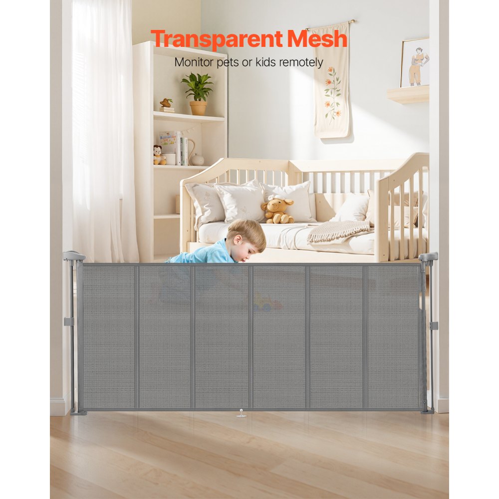 VEVOR Puerta Retráctil hasta 180 cm Alto de 87 cm Barrera de Seguridad Extensible Fácil de Instalar Panel de Malla Transpirable para Escaleras Interiores, Puertas, Pasillos, Salas de Juegos, Gris