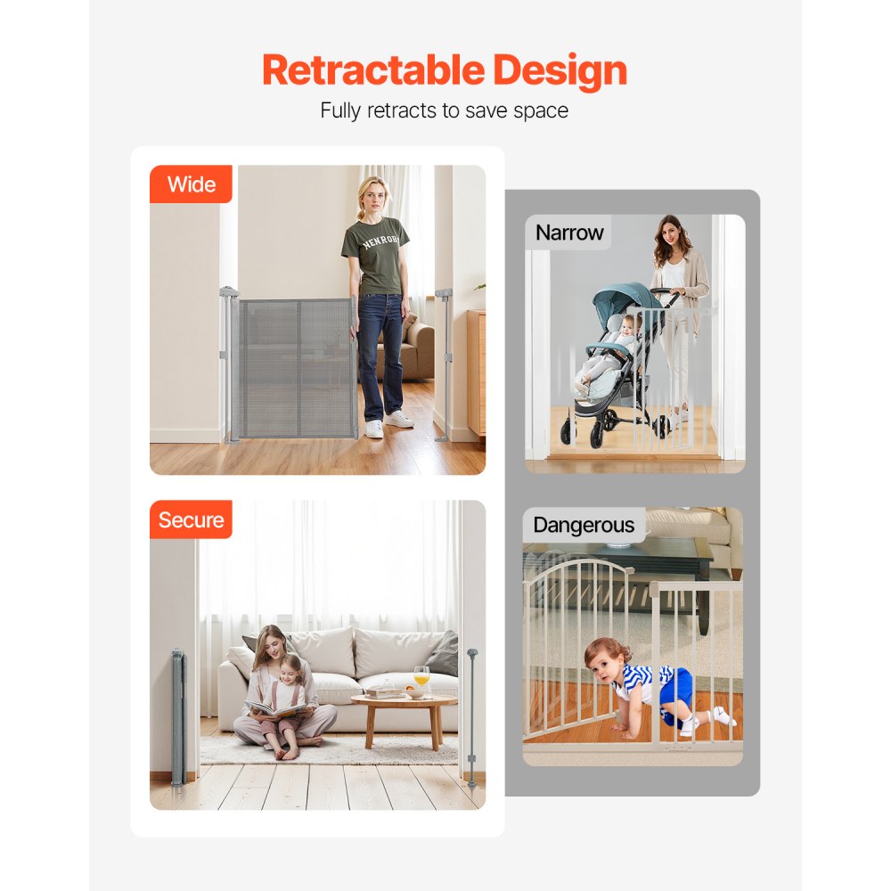 VEVOR Puerta Retráctil hasta 180 cm Alto de 87 cm Barrera de Seguridad Extensible Fácil de Instalar Panel de Malla Transpirable para Escaleras Interiores, Puertas, Pasillos, Salas de Juegos, Gris