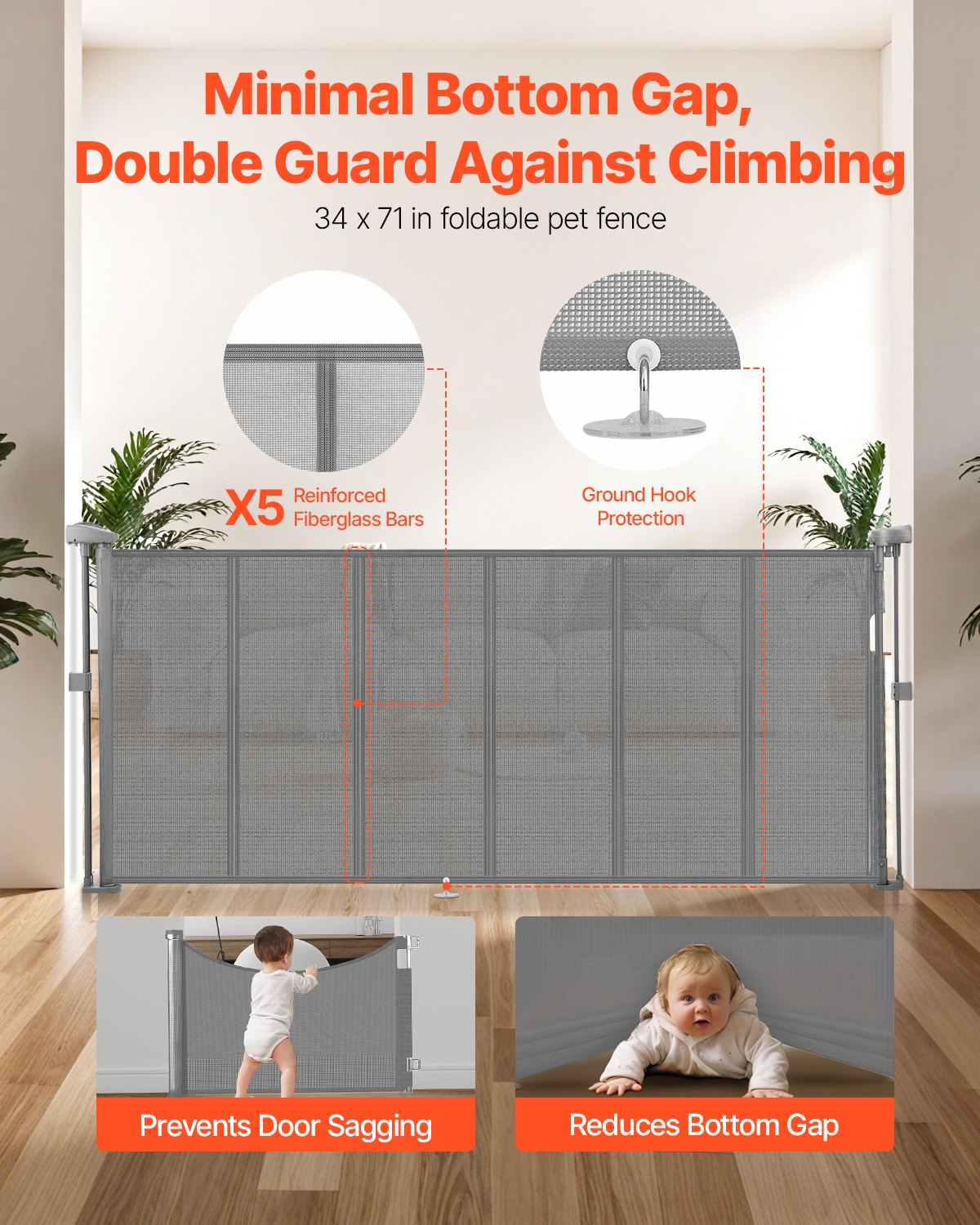 VEVOR Puerta Retráctil hasta 180 cm Alto de 87 cm Barrera de Seguridad Extensible Fácil de Instalar Panel de Malla Transpirable para Escaleras Interiores, Puertas, Pasillos, Salas de Juegos, Gris
