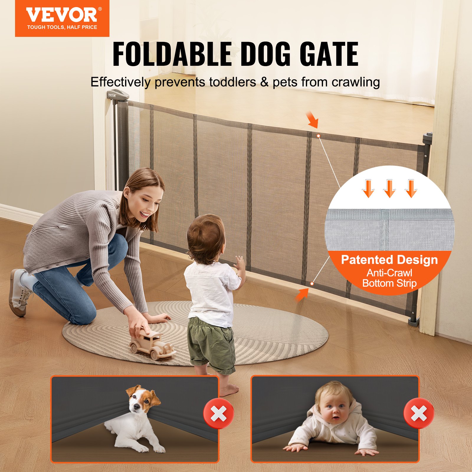 VEVOR Barrera de Seguridad Extensible hasta 195 cm Puerta Mágica para Perros Alto de 87 cm Puerta Retráctil para Bebés Abrir con Una Mano Vallas de Malla para Niños Perros Pasillo Escaleras, Gris