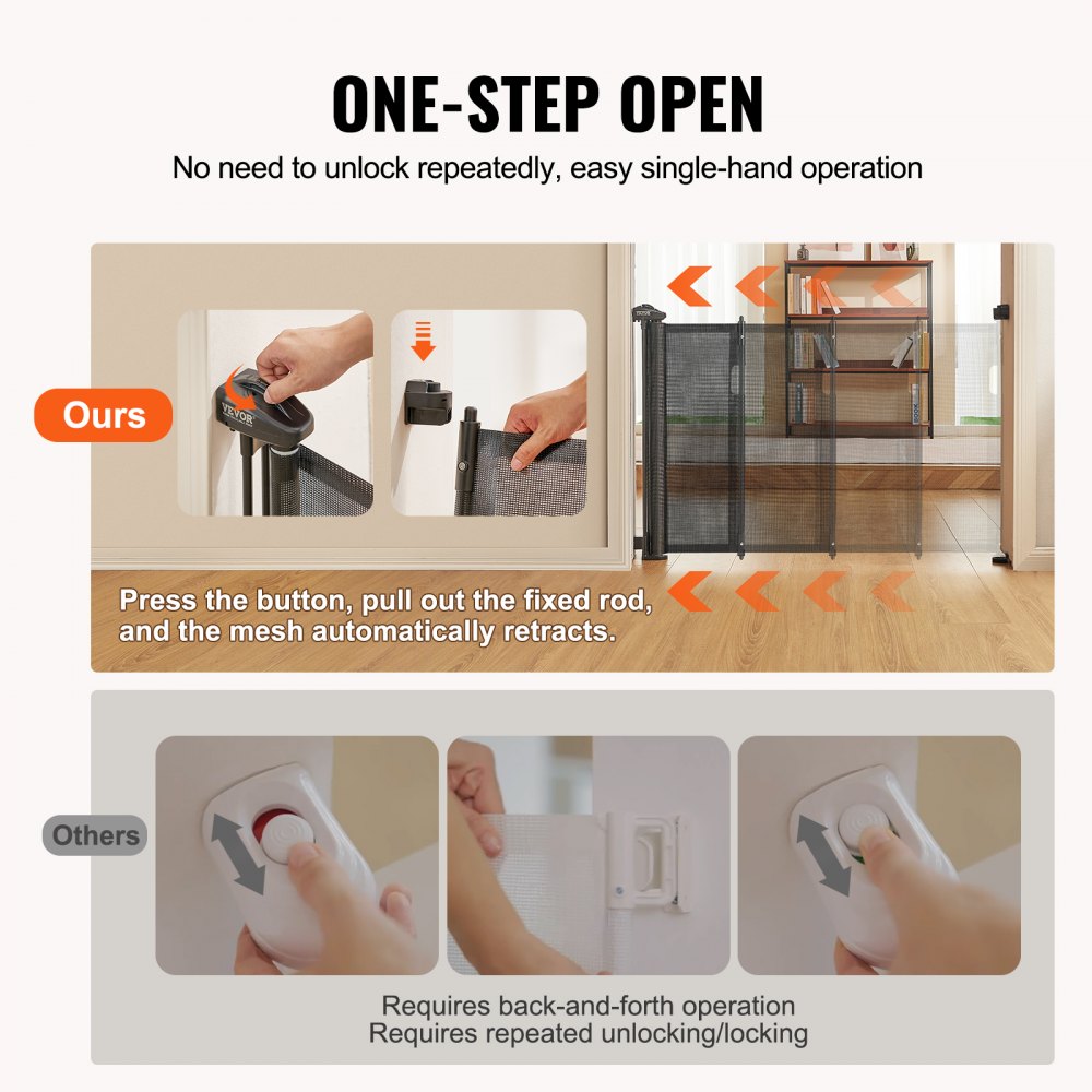 VEVOR Barrera de Seguridad Extensible hasta 195 cm Puerta Mágica para Perros Alto de 87 cm Puerta Retráctil para Bebés Abrir con Una Mano Vallas de Malla para Niños Perros Pasillo Escaleras, Negro