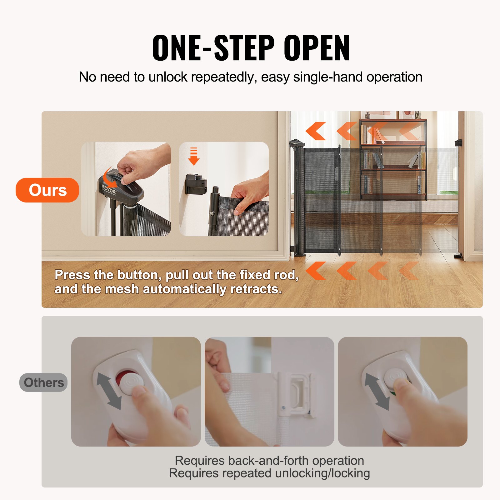 VEVOR Barrera de Seguridad Extensible hasta 195 cm Puerta Mágica para Perros Alto de 87 cm Puerta Retráctil para Bebés Abrir con Una Mano Vallas de Malla para Niños Perros Pasillo Escaleras, Negro