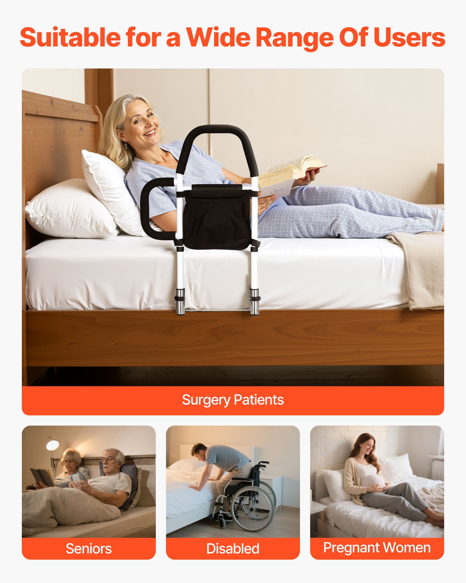 VEVOR Barandilla de Cama de 610 x 400 x 645 mm, con Asa Lateral y Pasamanos de PU, Tubo de Acero al Carbono para Personas Mayores, Compatible con Camas King, Queen, Matrimoniales e Individuales