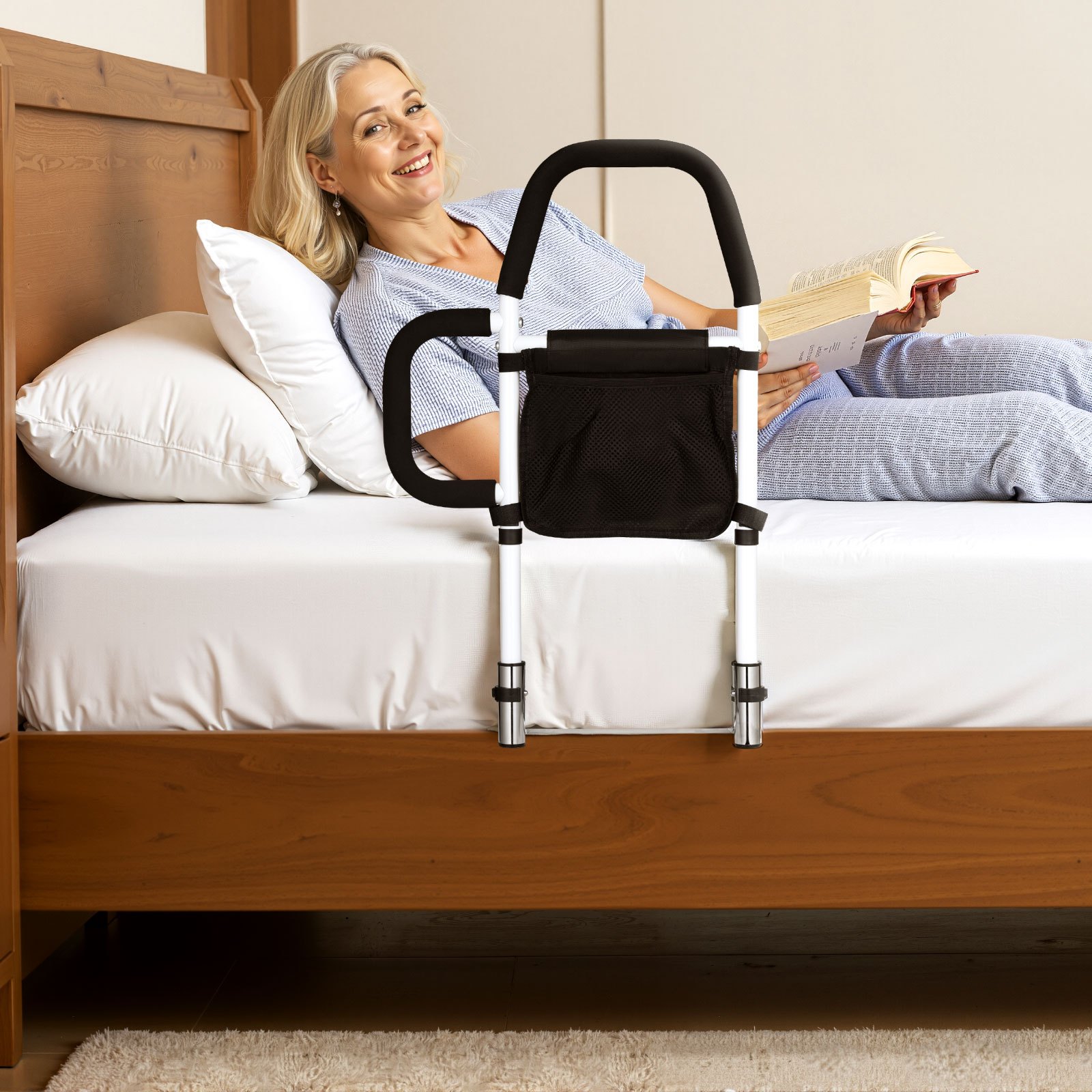 VEVOR Barandilla de Cama de 610 x 400 x 645 mm, con Asa Lateral y Pasamanos de PU, Tubo de Acero al Carbono para Personas Mayores, Compatible con Camas King, Queen, Matrimoniales e Individuales
