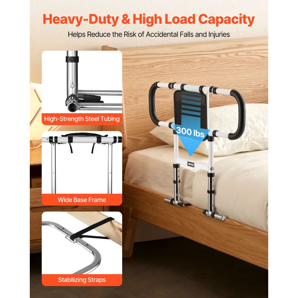 VEVOR Elevador de Cama, Barandilla Plegable y Extensible con Asas Laterales y Pasamanos de PU, con Tubo de Acero al Carbono, para Camas King, Queen, Matrimoniales e Individuales, Carga 136 kg
