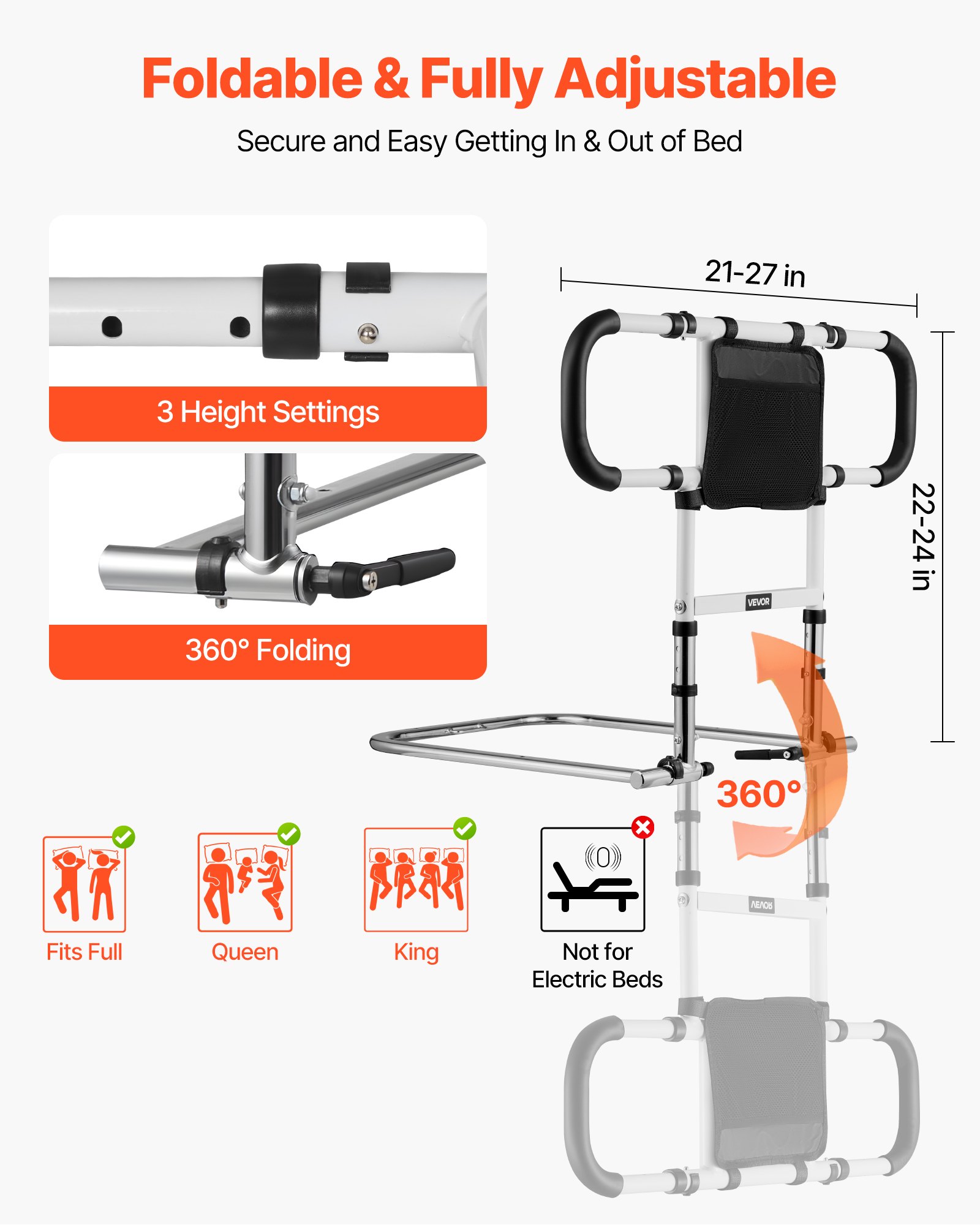 VEVOR Elevador de Cama, Barandilla Plegable y Extensible con Asas Laterales y Pasamanos de PU, con Tubo de Acero al Carbono, para Camas King, Queen, Matrimoniales e Individuales, Carga 136 kg