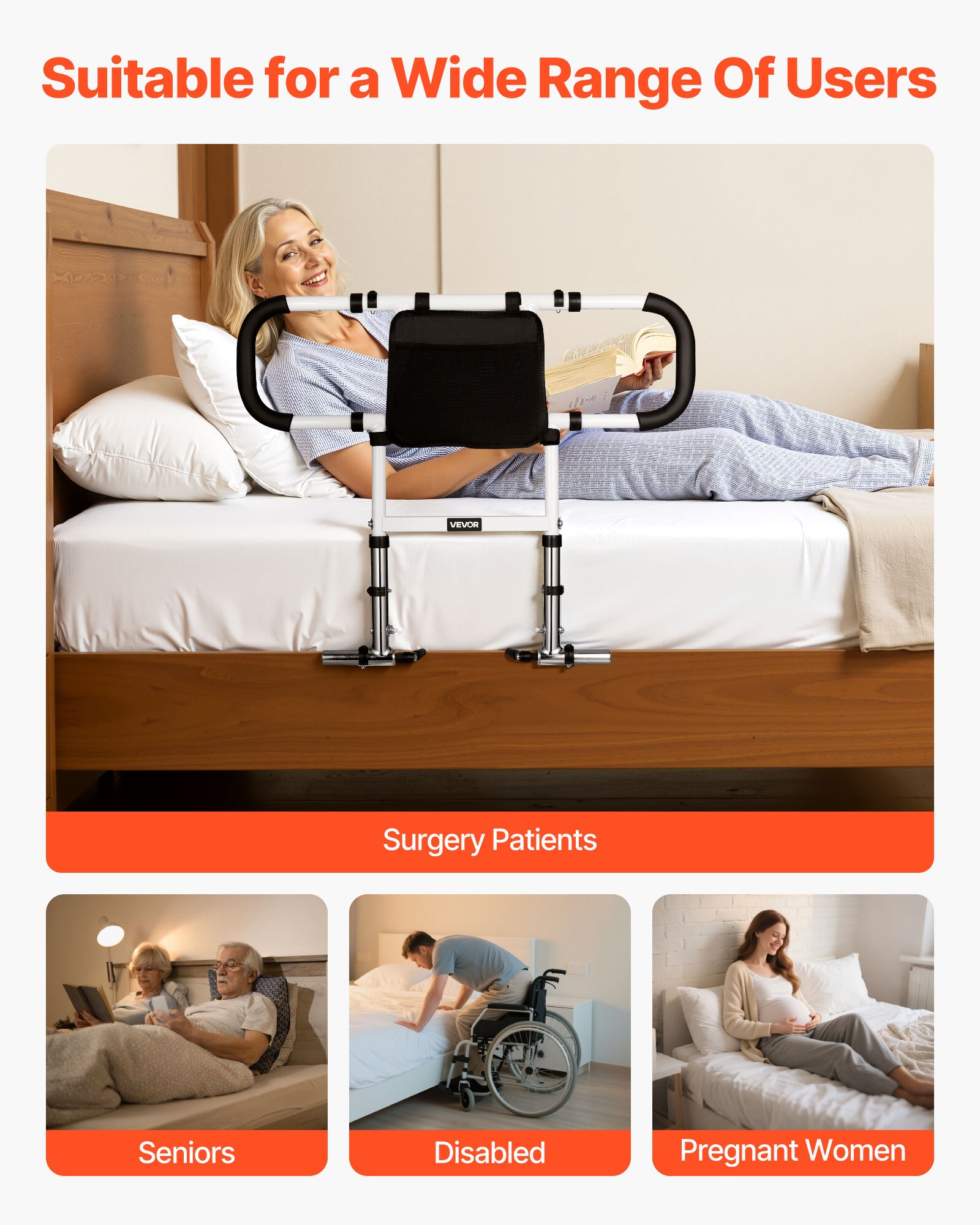 VEVOR Elevador de Cama, Barandilla Plegable y Extensible con Asas Laterales y Pasamanos de PU, con Tubo de Acero al Carbono, para Camas King, Queen, Matrimoniales e Individuales, Carga 136 kg