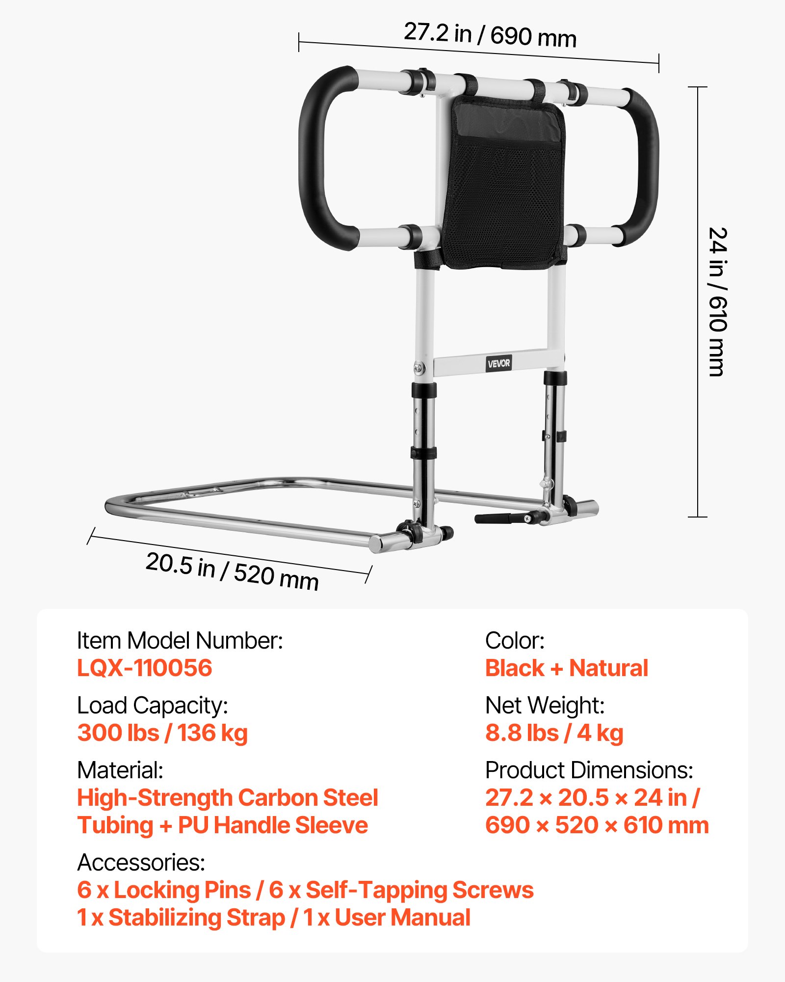 VEVOR Elevador de Cama, Barandilla Plegable y Extensible con Asas Laterales y Pasamanos de PU, con Tubo de Acero al Carbono, para Camas King, Queen, Matrimoniales e Individuales, Carga 136 kg
