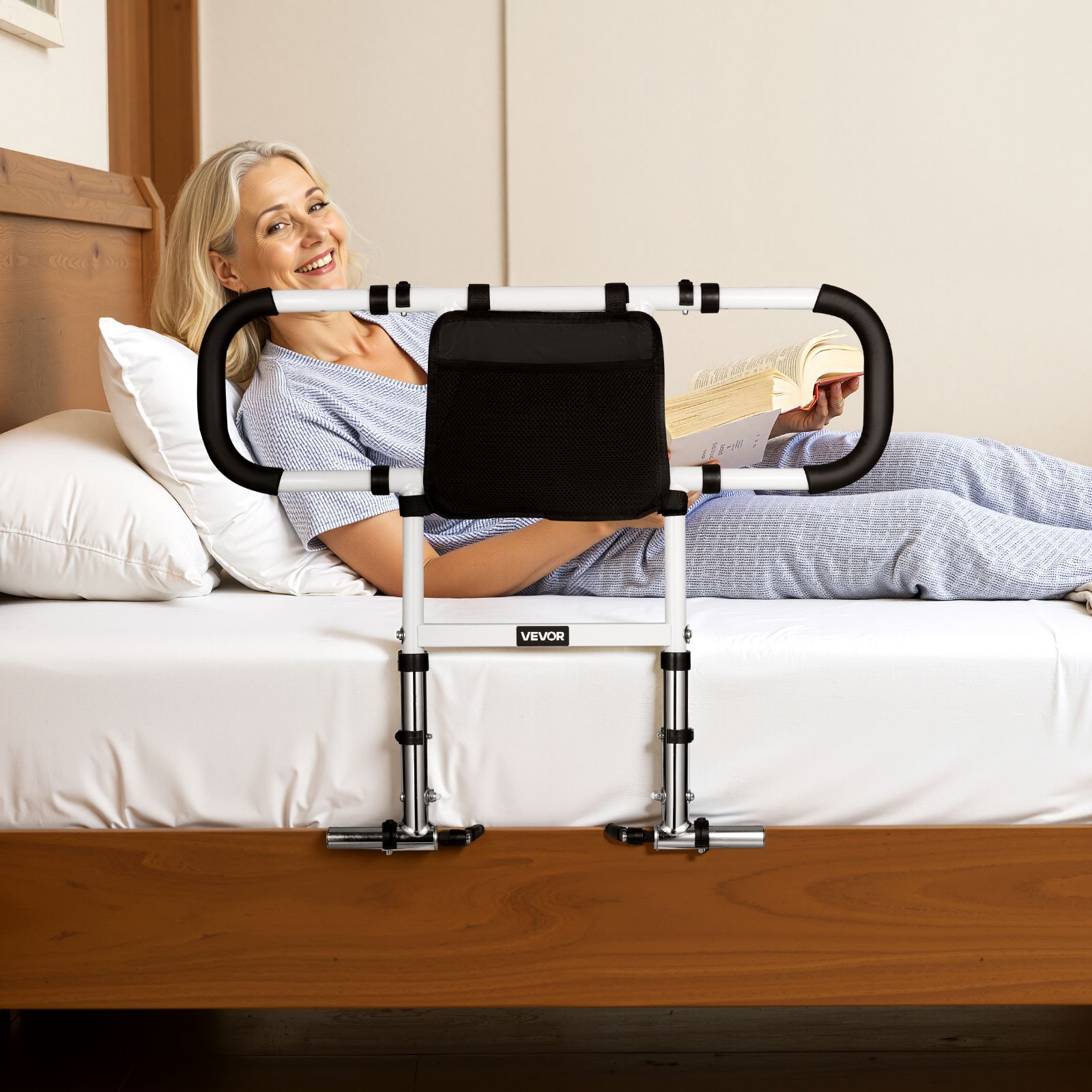 VEVOR Elevador de Cama, Barandilla Plegable y Extensible con Asas Laterales y Pasamanos de PU, con Tubo de Acero al Carbono, para Camas King, Queen, Matrimoniales e Individuales, Carga 136 kg