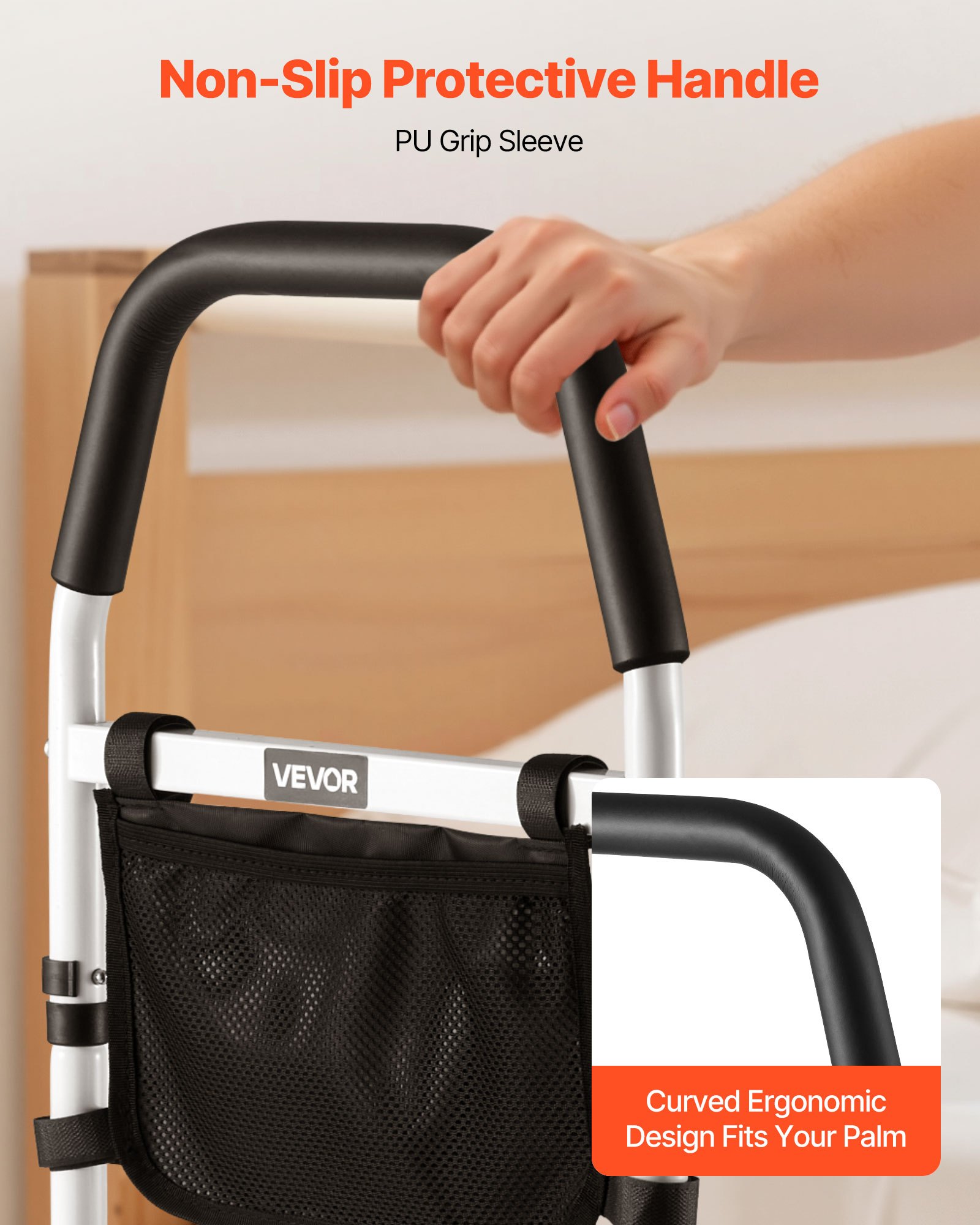 VEVOR Elevador de Cama, Barra de Apoyo con Pasamanos de PU, Acero al Carbono, para Personas Mayores y Pacientes, Compatible con Camas King, Queen, Matrimoniales e Individuales, 610 x 320 x 635 mm