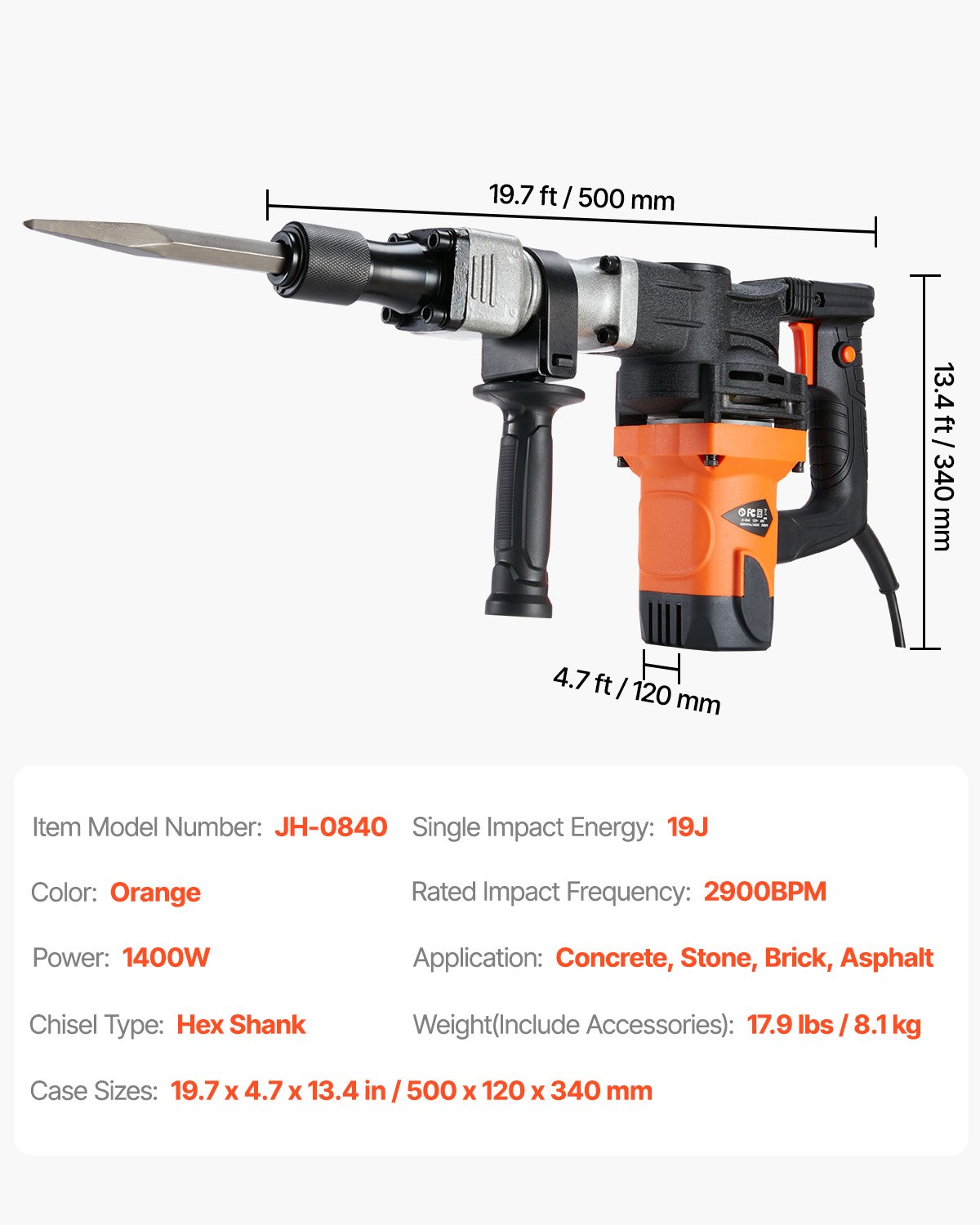 VEVOR Martillo de Demolición 1400 W 19 J 2900 BPM Martillo Eléctrico con Cable 5/8" con 2 Cinceles Reemplazables Mango Giratorio 360° Rompe Hormigón Antivibración para Cincelar Construcción Fontanería