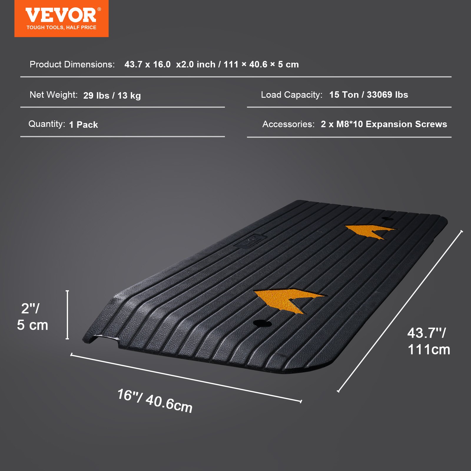 VEVOR Threshold Ramp, Solid Rubber, Door Threshold Ramp, 15-Ton Load Capacity, Curb Ramp with Channel, 111x40.6x5cm, Wheelchair Ramp, Access Ramp, Rubber Ramp, Ideal for Uneven Ground and Curbs