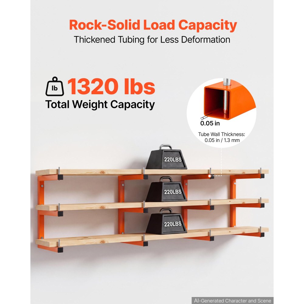 VEVOR Soporte de Pared para Madera 3 Niveles, 100 kg por Nivel, 4 Piezas, Estructura Soldada, con Pasadores de Bloqueo y Kit de Montaje para Tuberías Escaleras Esquís Objetos Largos Garajes Talleres