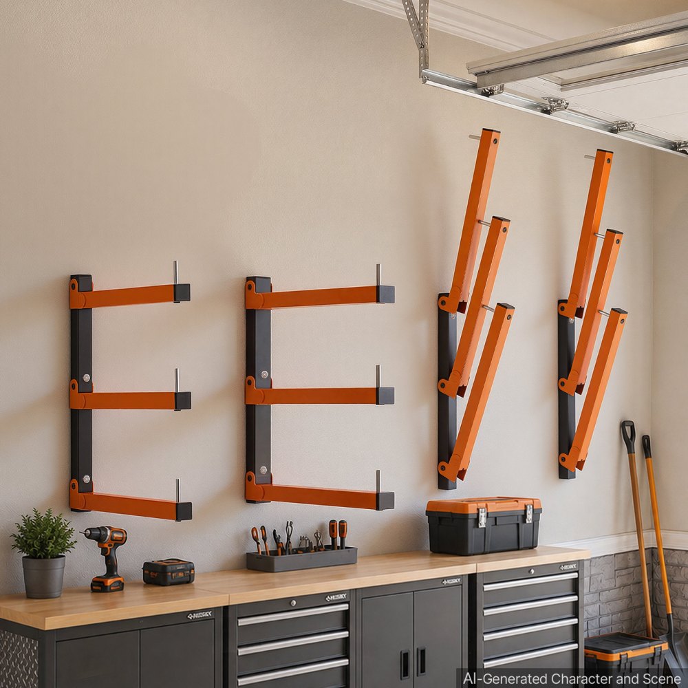 VEVOR Soporte de Pared para Madera Carga 50 kg por Nivel, Estantería Plegable de 3 Niveles, 4 Piezas, con 410 mm de Profundidad, Pasadores de Bloqueo y Kit de Montaje para Garajes Tuberías y Talleres