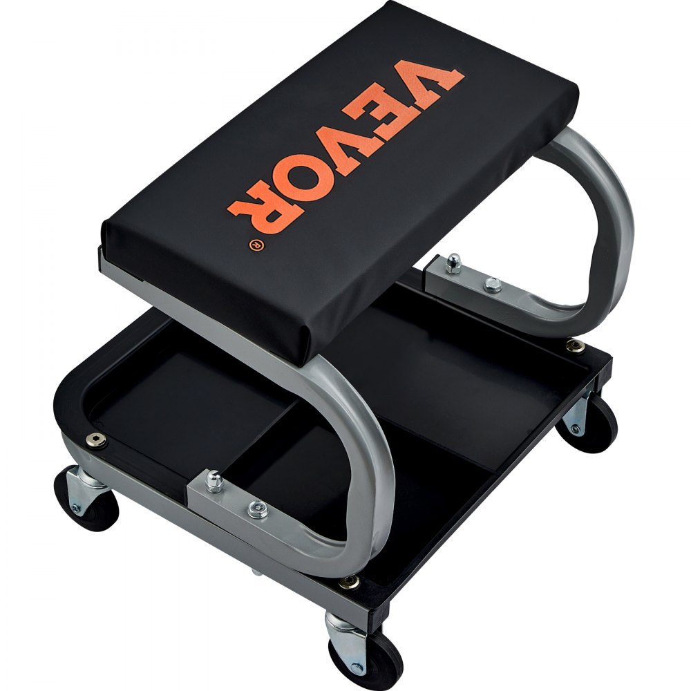 VEVOR Taburete de Mecánico de Acero para Reparación y Mantenimiento de Vehículos Ruedas Giratorias Capacidad de Carga de 113 kg, Taburete con Portaherramientas 36 x 36 x 36 cm Asiento de Material PU