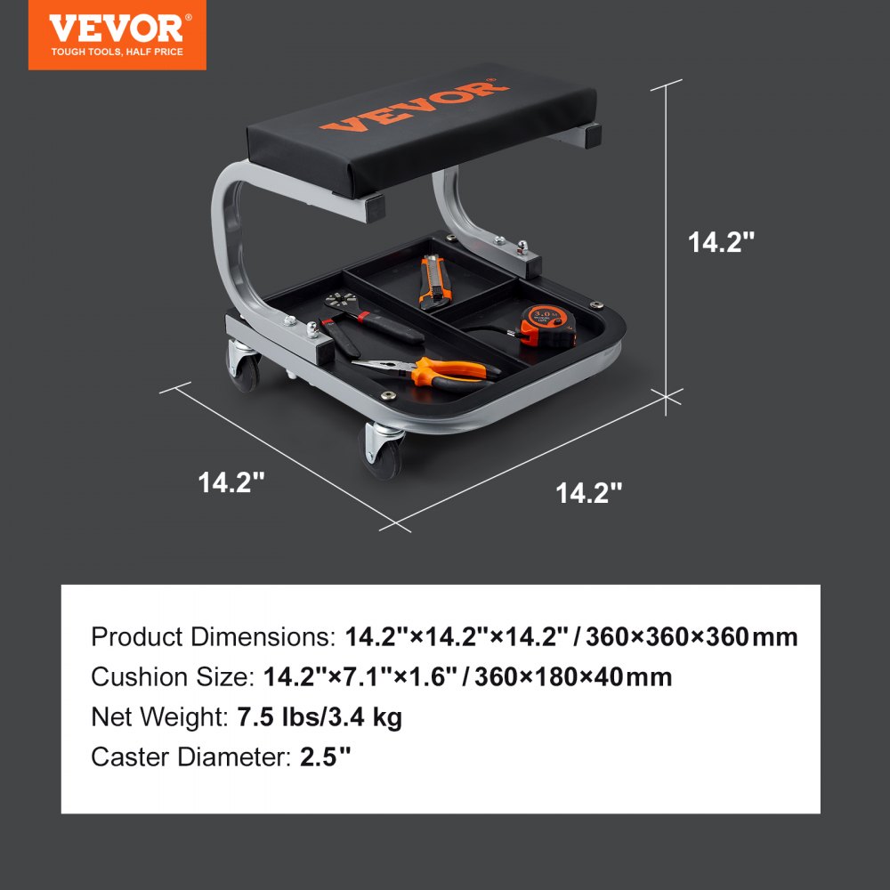 VEVOR Taburete de Mecánico de Acero para Reparación y Mantenimiento de Vehículos Ruedas Giratorias Capacidad de Carga de 113 kg, Taburete con Portaherramientas 36 x 36 x 36 cm Asiento de Material PU
