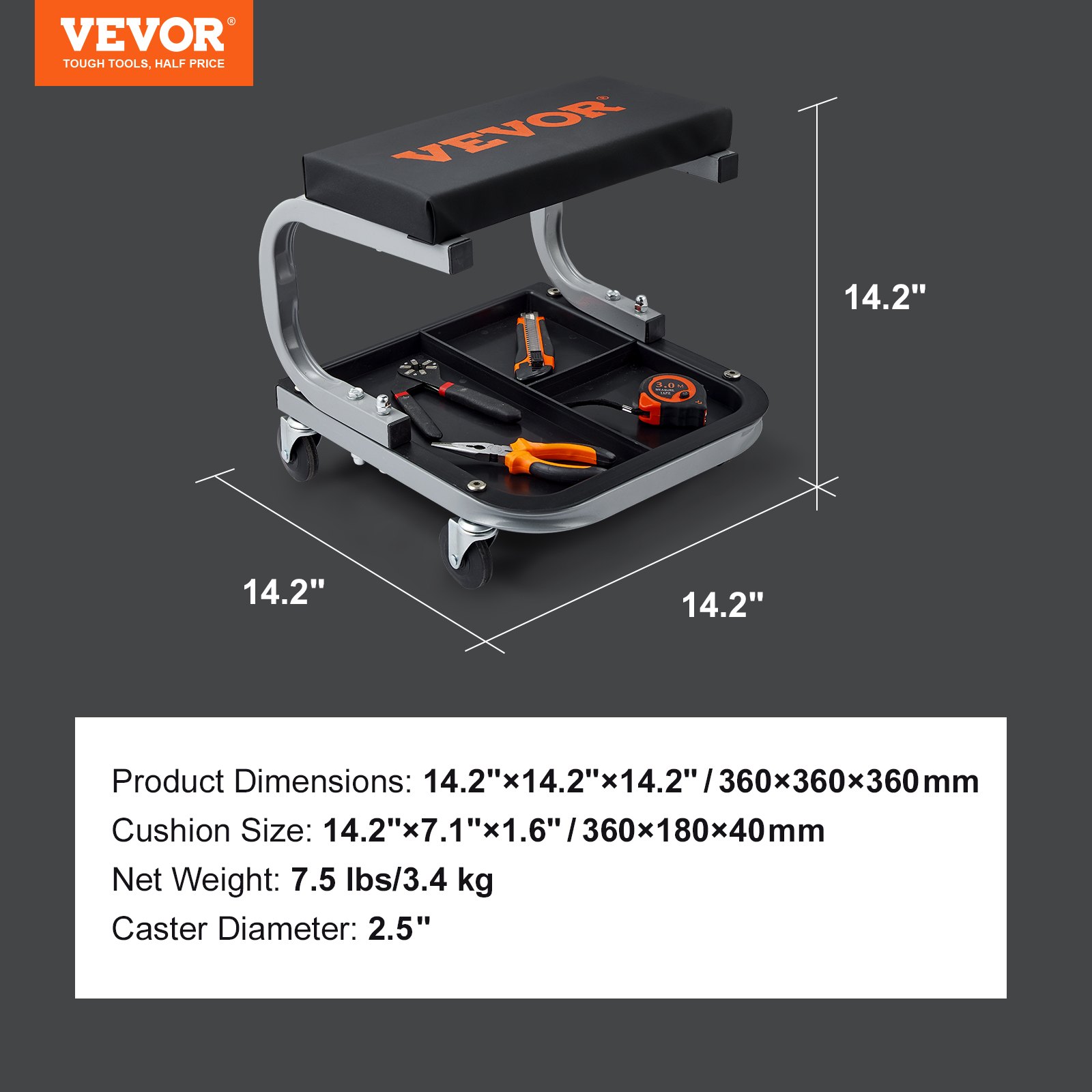 VEVOR Taburete de Mecánico de Acero para Reparación y Mantenimiento de Vehículos Ruedas Giratorias Capacidad de Carga de 113 kg, Taburete con Portaherramientas 36 x 36 x 36 cm Asiento de Material PU