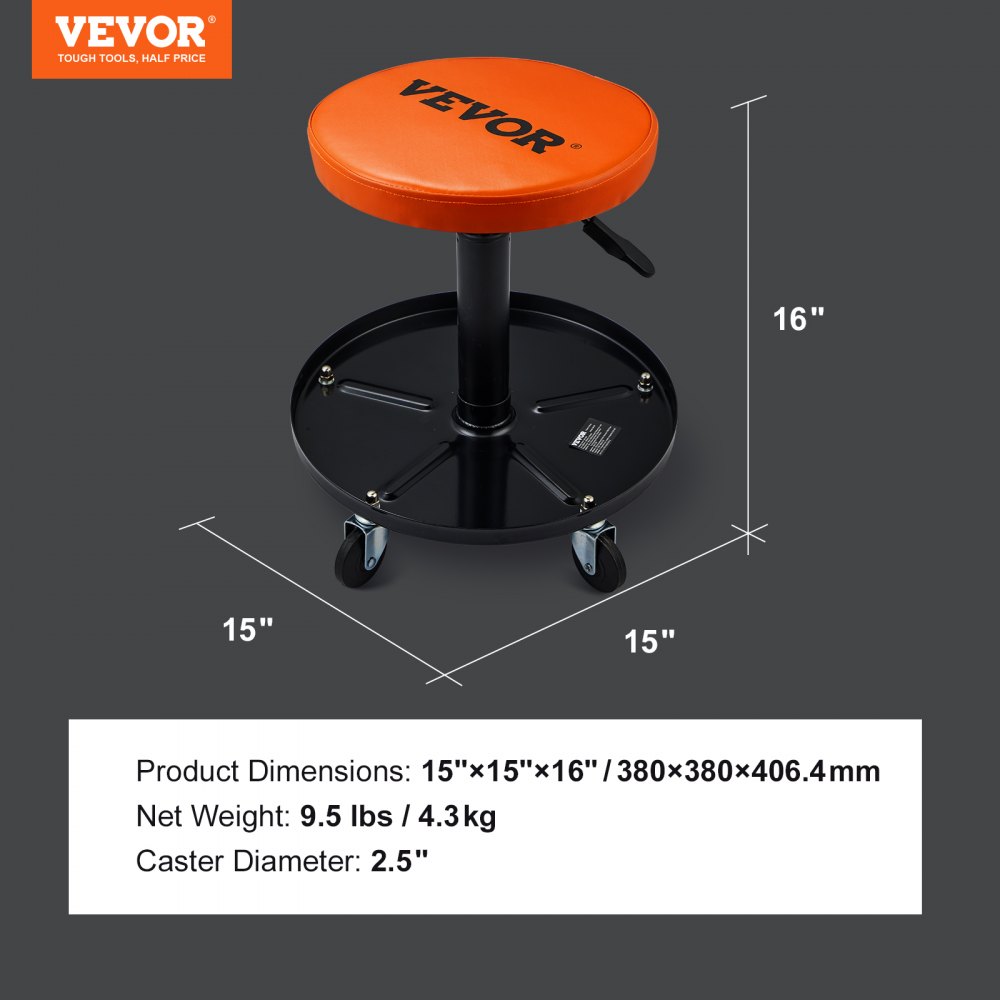 VEVOR Taburete de Taller Móvil Carga de 113,4 kg Taburete Mecánico con Ruedas Asiento de Taller Altura Ajustable con Bandeja de Herramientas Marco Resistente Cómodo Asiento Acolchado para Automóvil