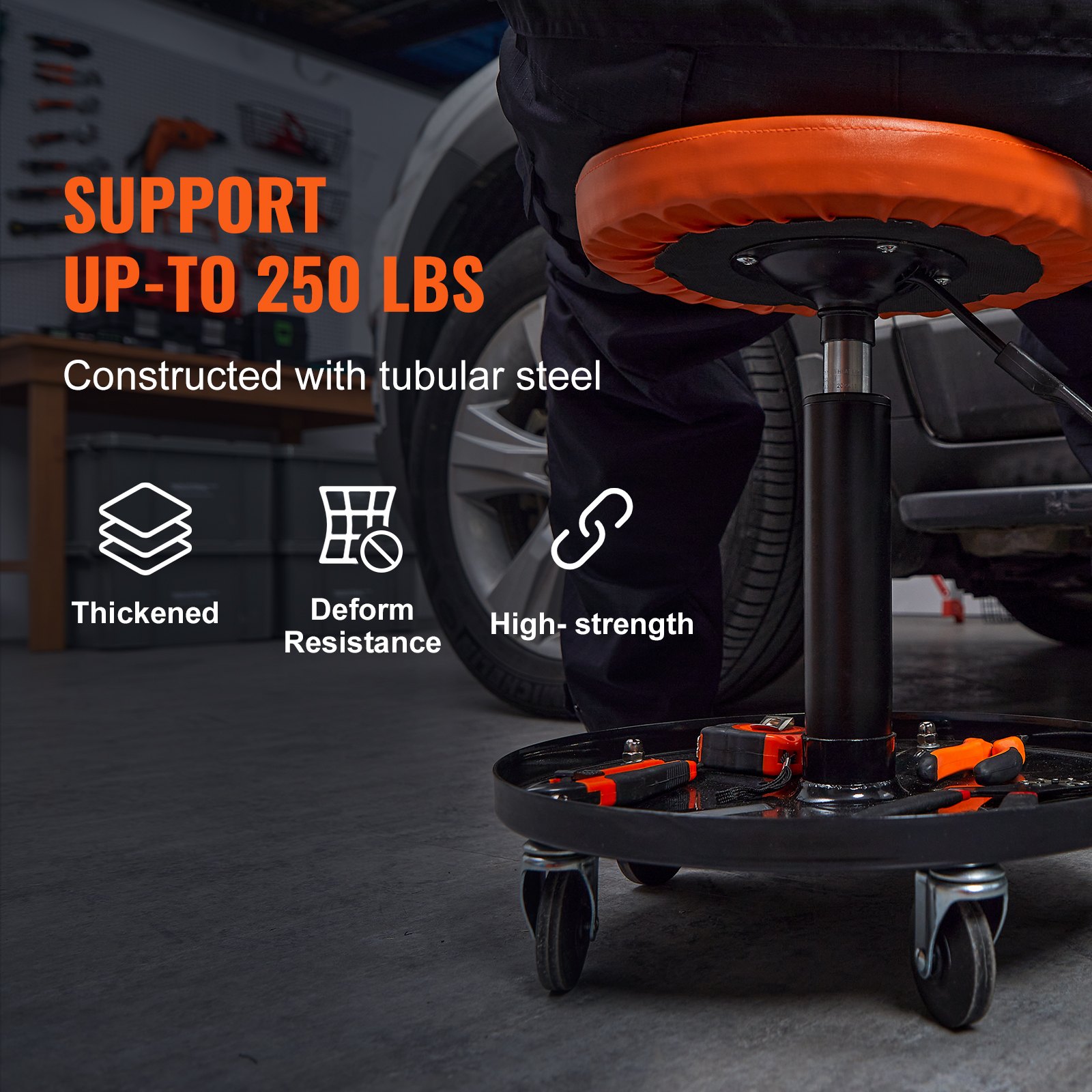 VEVOR Taburete de Taller Móvil Carga de 113,4 kg Taburete Mecánico con Ruedas Asiento de Taller Altura Ajustable con Bandeja de Herramientas Marco Resistente Cómodo Asiento Acolchado para Automóvil