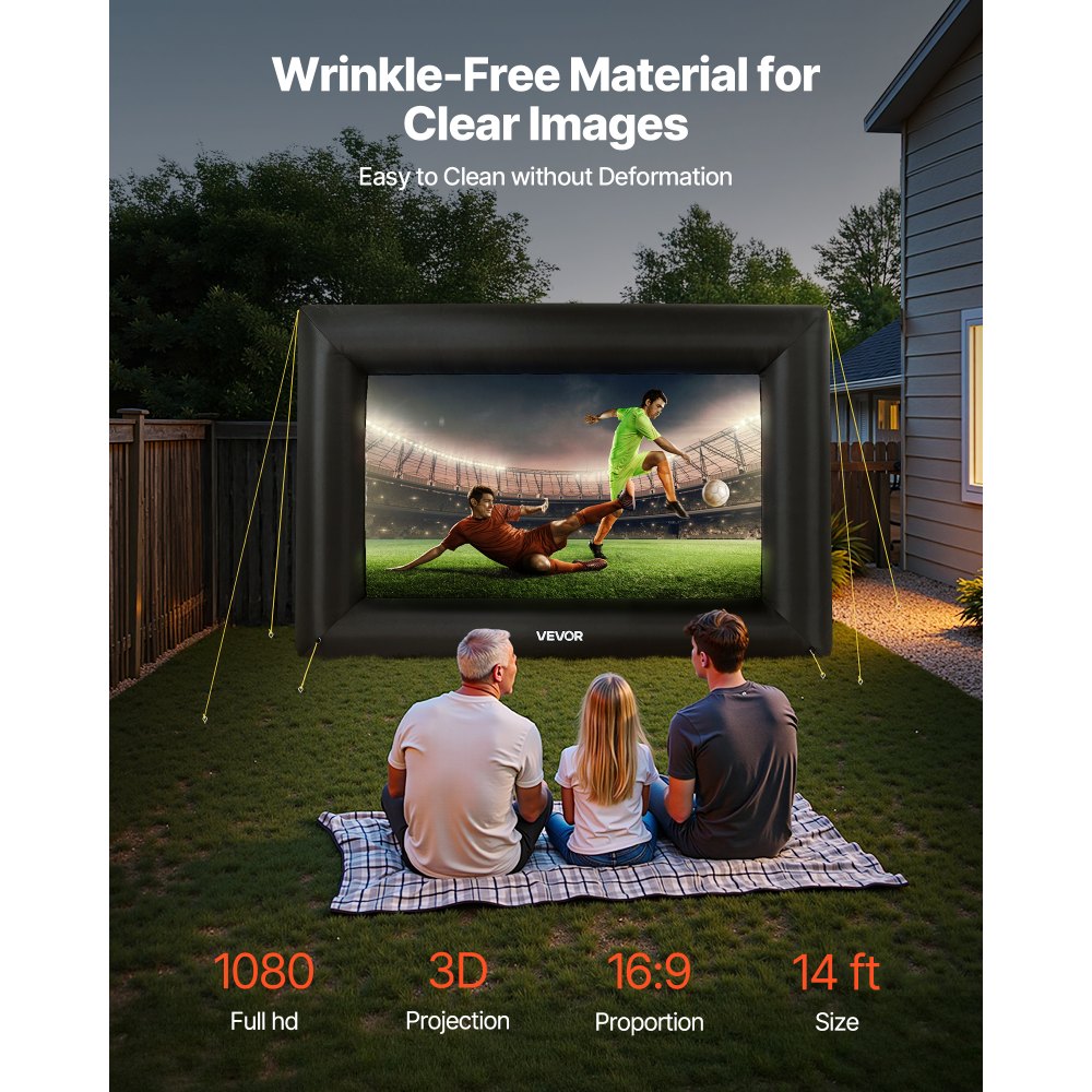 VEVOR Pantalla de Cine Inflable 272 x 150 cm Tela 600D Lavable con Bolsa de Almacenamiento Portátil Fácil de Instalar Pantalla de Proyección para Exteriores, Cine en casa, Fiestas, Marco Negro