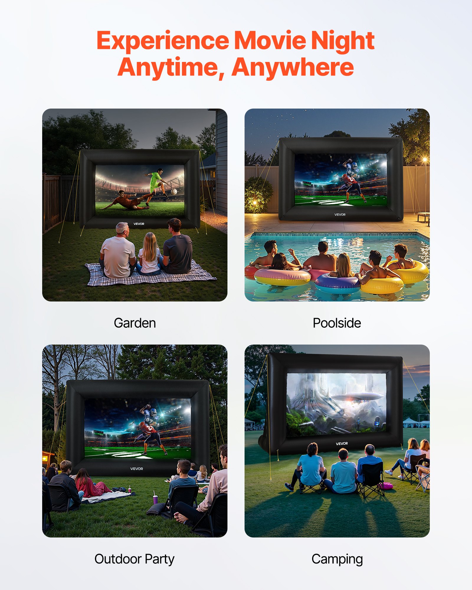 VEVOR Pantalla de Cine Inflable 272 x 150 cm Tela 600D Lavable con Bolsa de Almacenamiento Portátil Fácil de Instalar Pantalla de Proyección para Exteriores, Cine en casa, Fiestas, Marco Negro