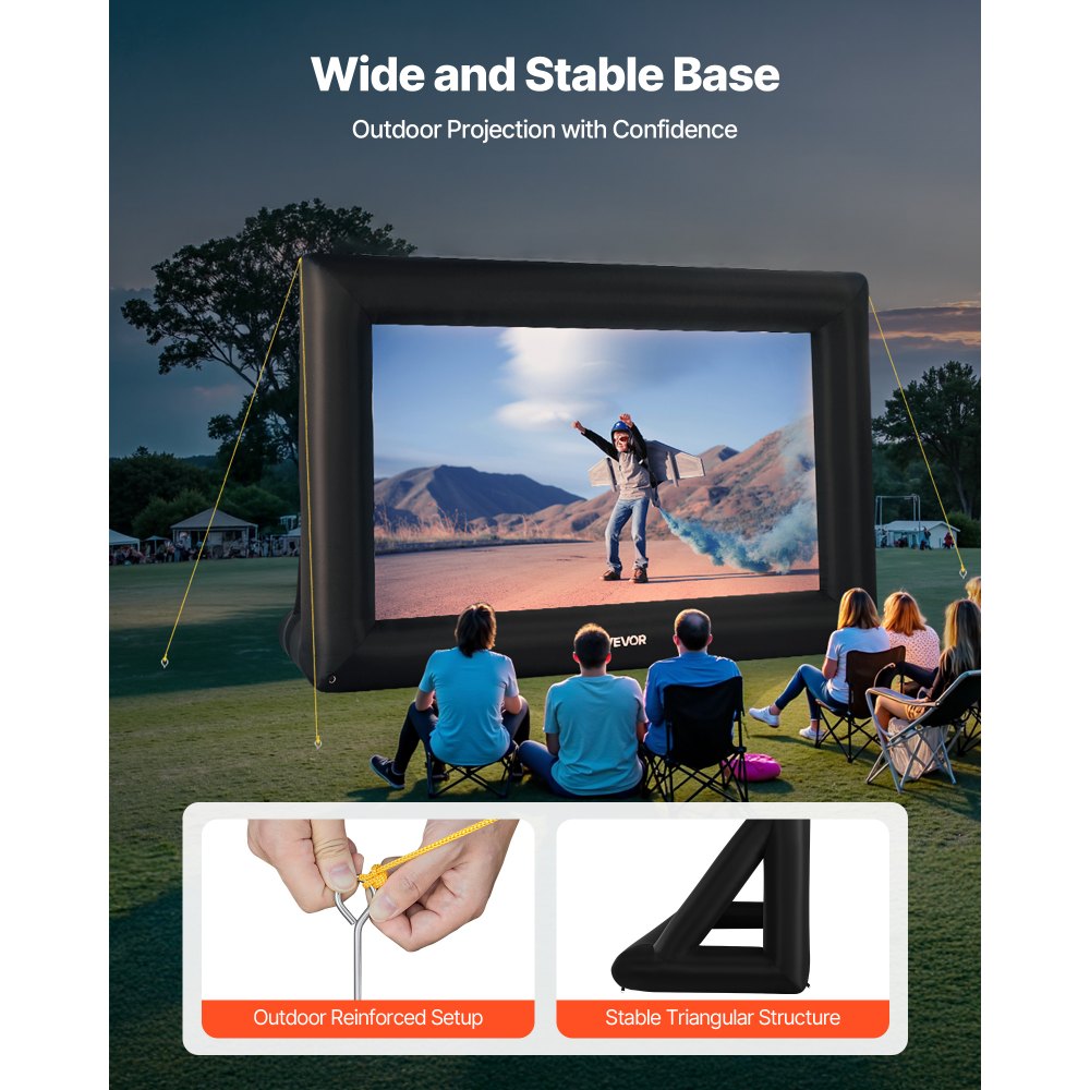 VEVOR Pantalla de Cine Inflable 319 x 182 cm Tela 600D Lavable con Bolsa de Almacenamiento Portátil Fácil de Instalar Pantalla de Proyección para Exteriores, Cine en casa, Fiestas, Marco Negro
